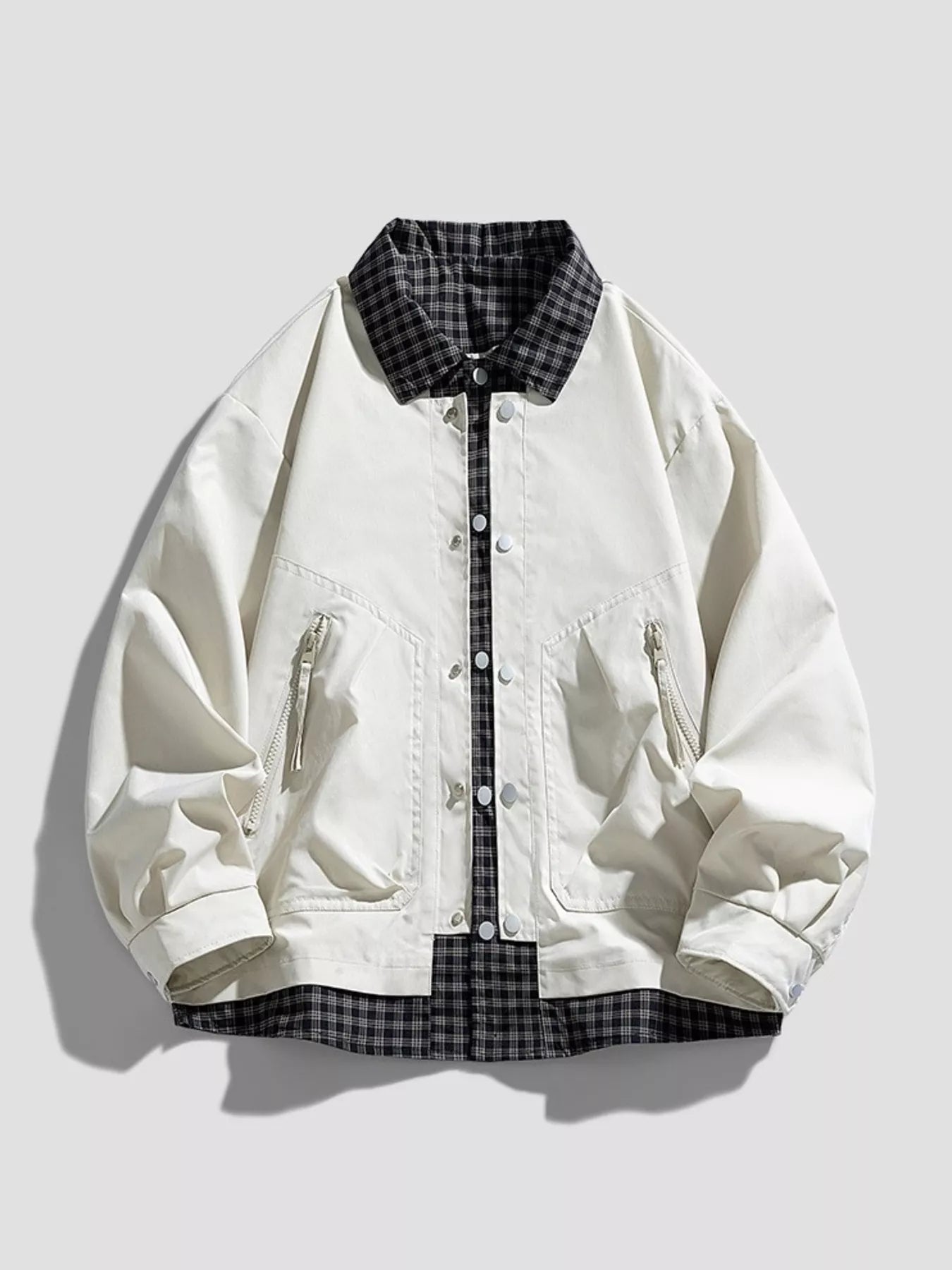 Men's Plus Size Plaid Trim Snap Down Casual Jacket