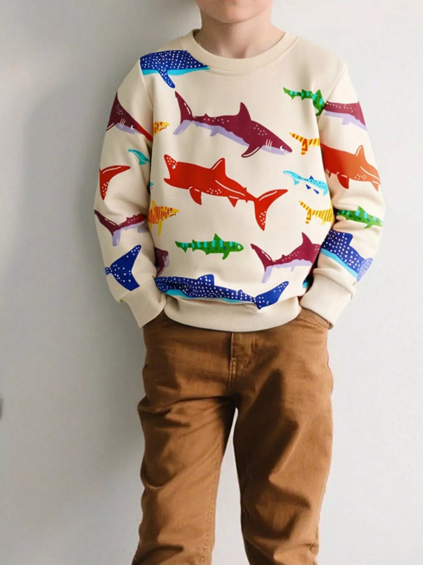 Children's Colorful Shark Print Crewneck Sweatshirt
