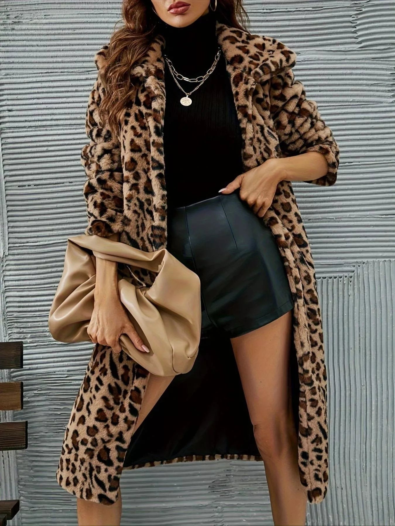 Leopard Print Faux Fur Longline Coat