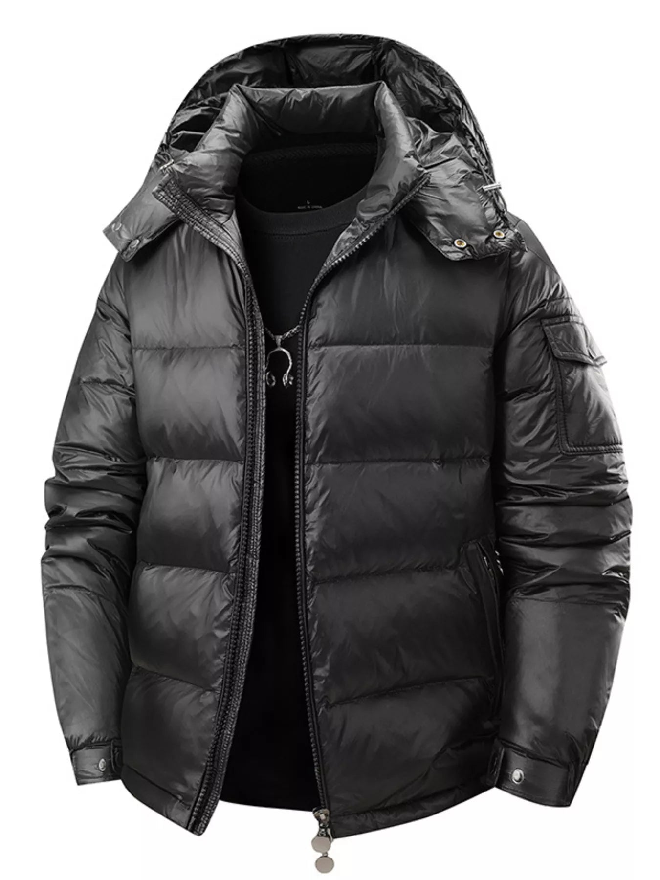 Men's Full Size Hooded Puffer Jacket with Side Zipper Pockets Plus Size
