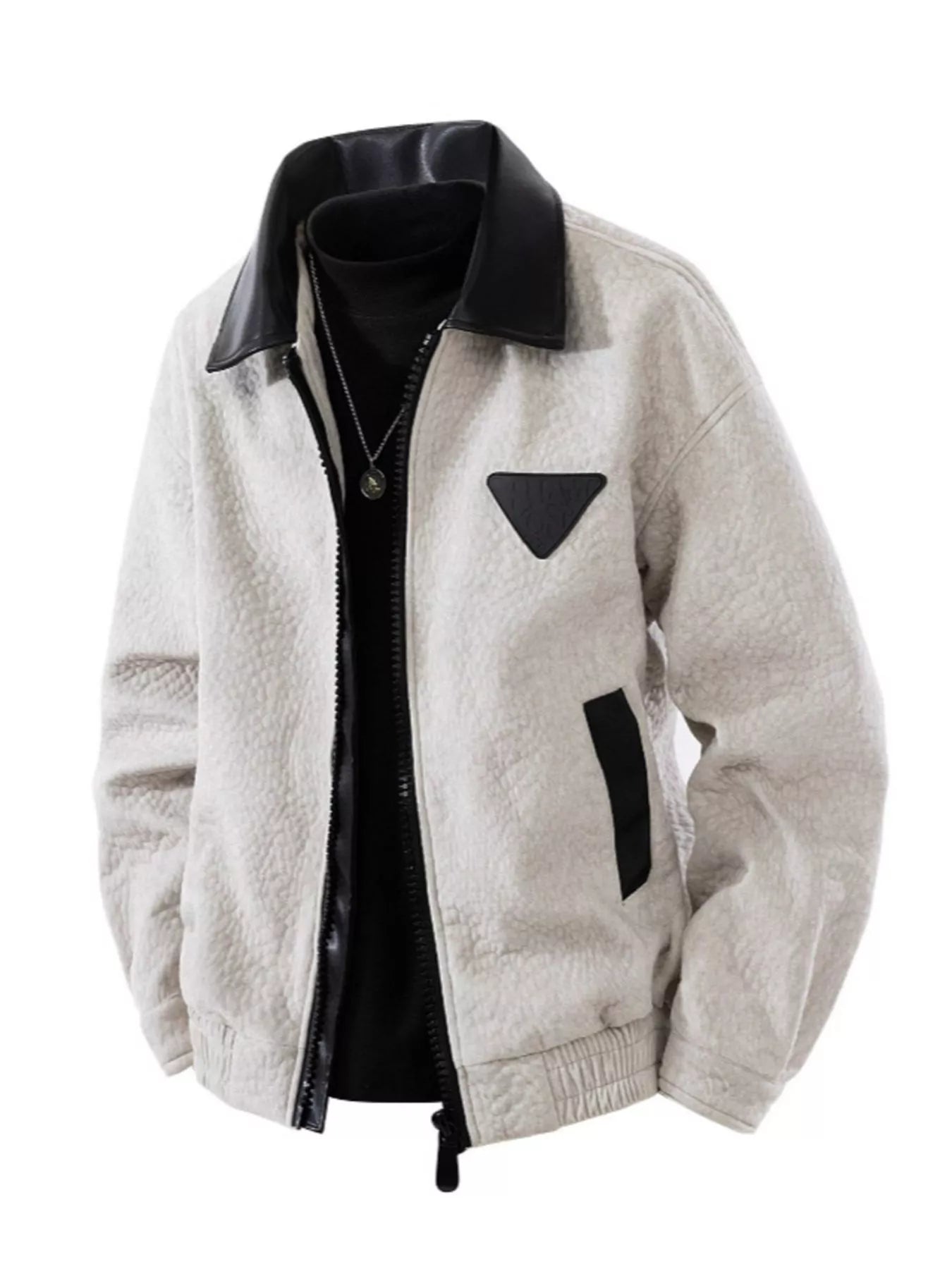 Men's Plus Size Leather Trimmed Zip Up Jacket