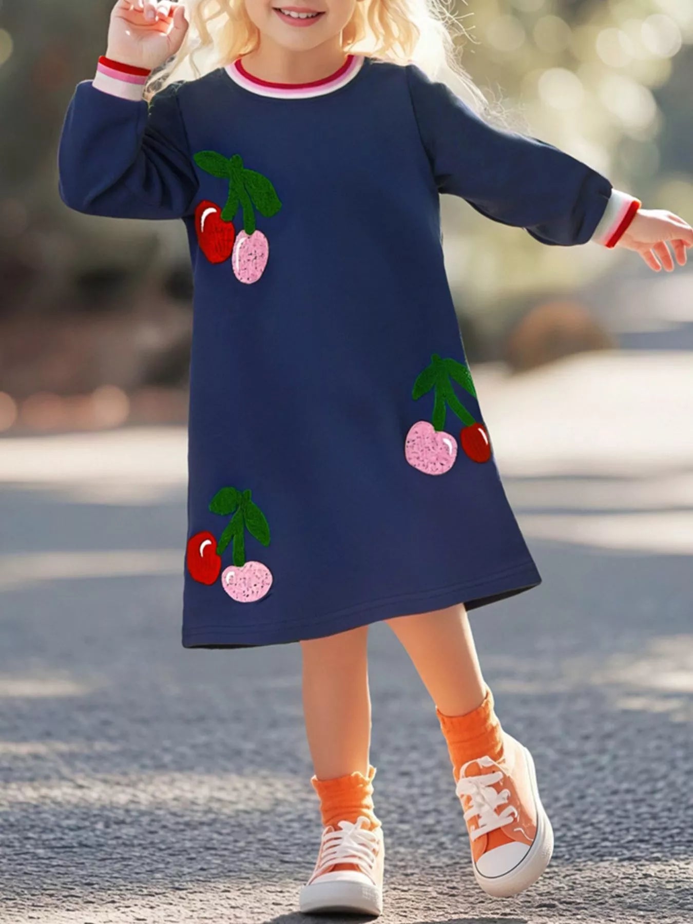 Children's Cherry Appliqued Long Sleeve Dress