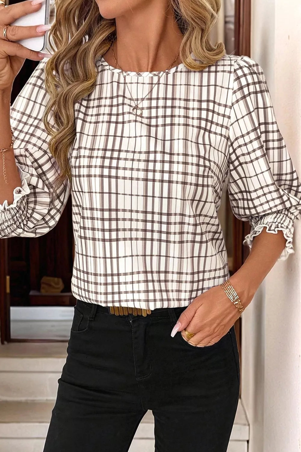 Plaid Round Neck Half Sleeve Blouse