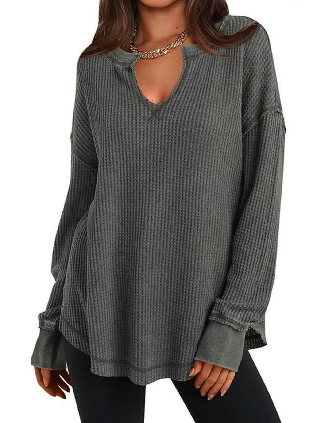 Slit Notched Long Sleeve T-Shirt