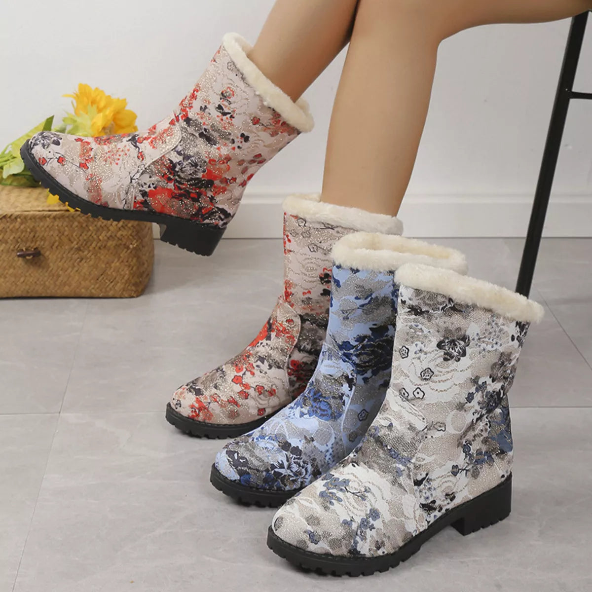 Floral Print Warm Lined Ankle Boots