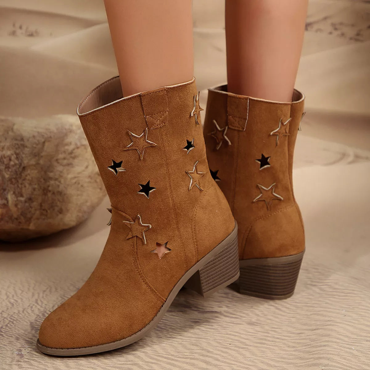 Star Cutout Block Heels Boots