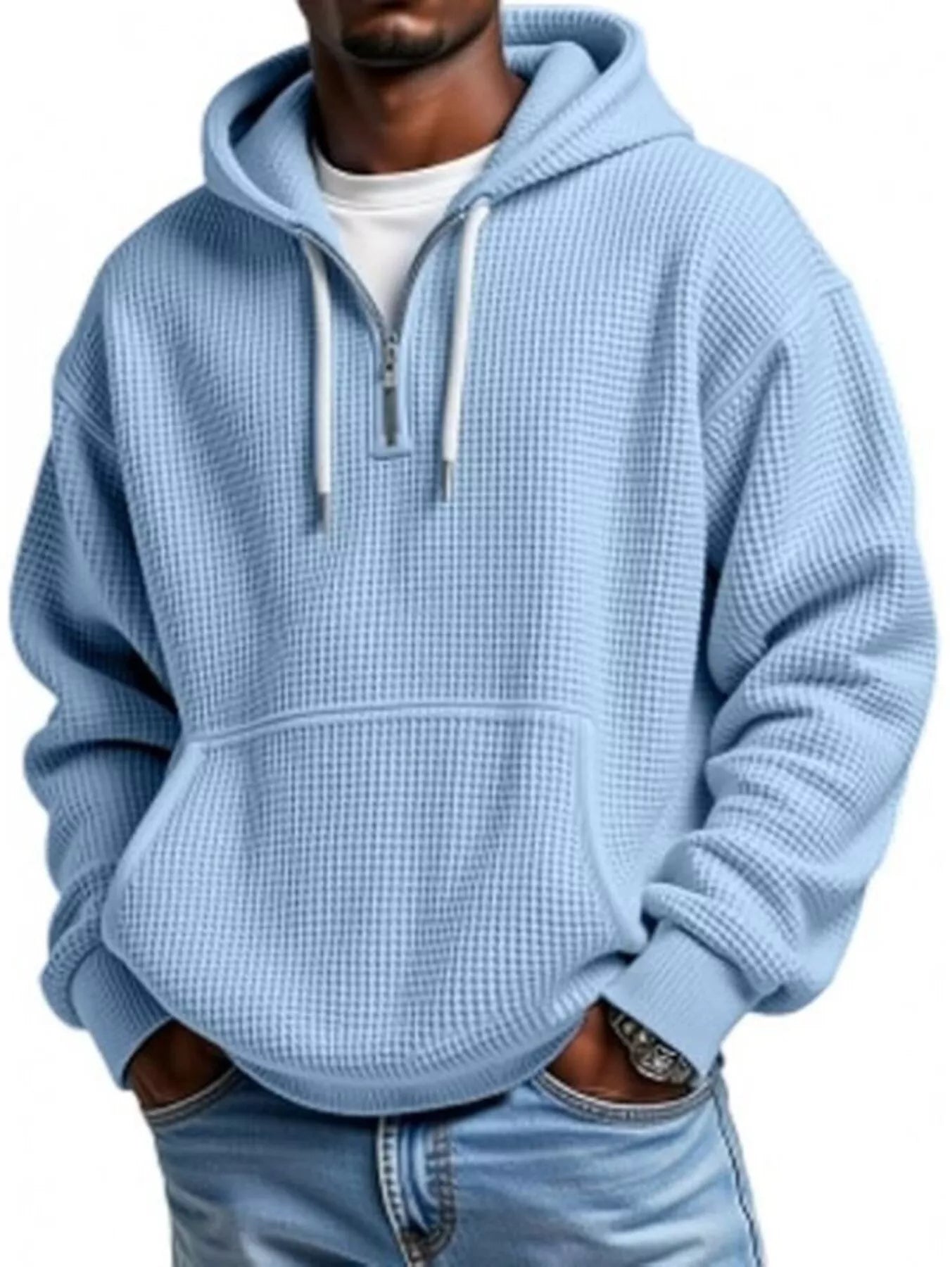 Men's Full Size Waffle Knit Quarter Zip Hoodie Plus Size