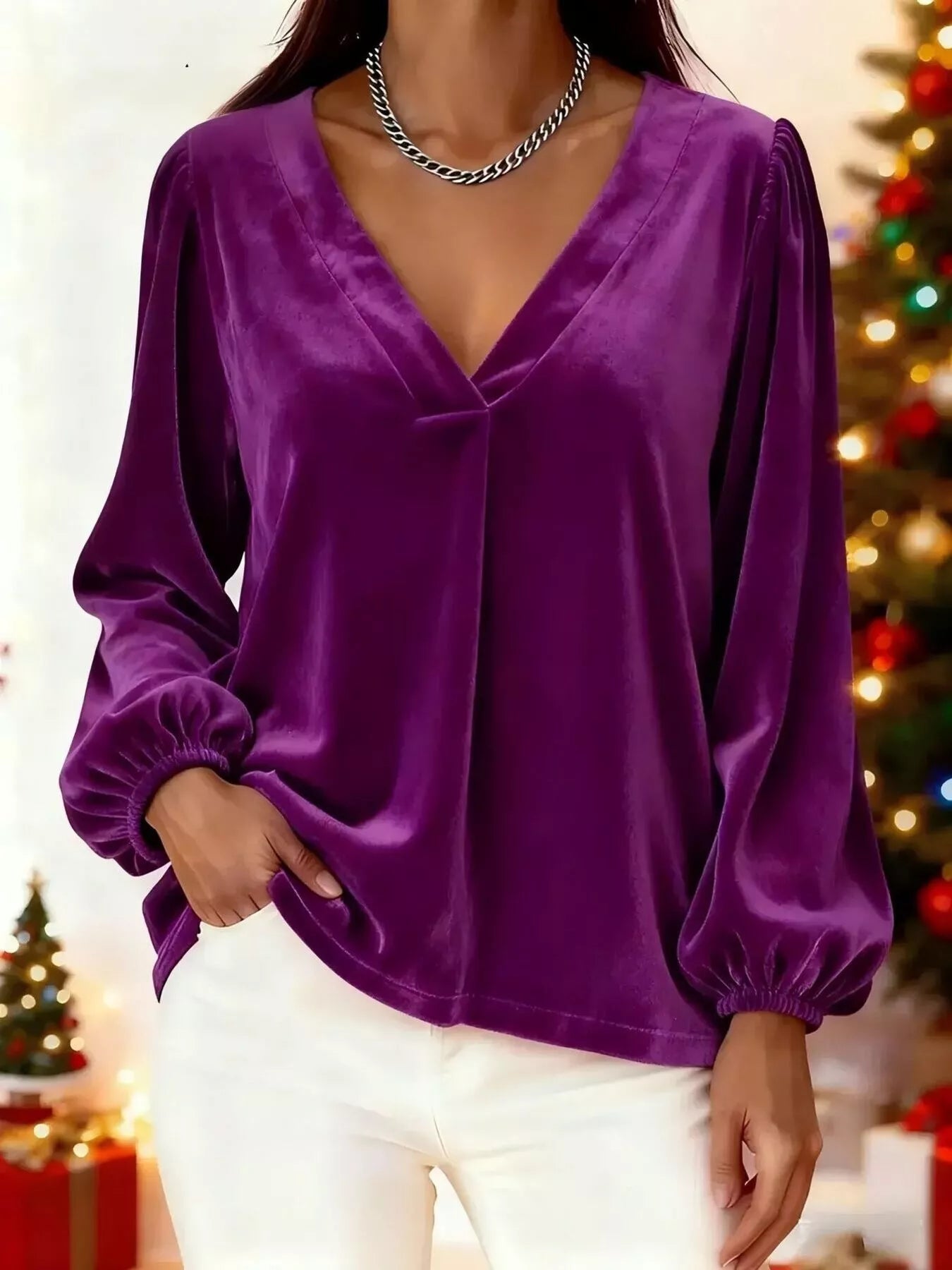 Full Size Velvet V-Neck Balloon Sleeve Blouse Plus Size