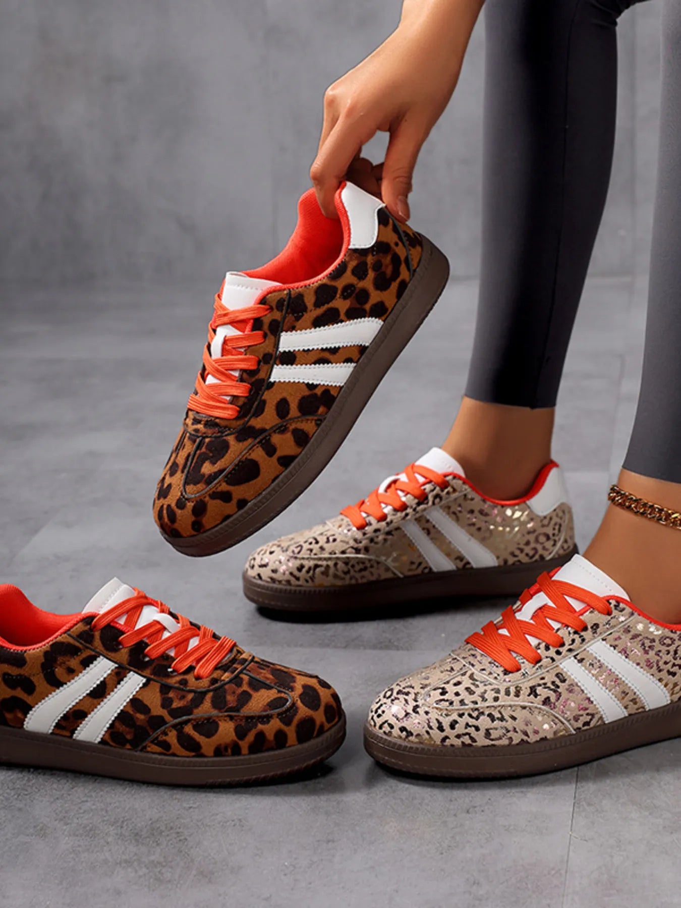 Leopard Print Stripe Detail Lace-up Sneakers