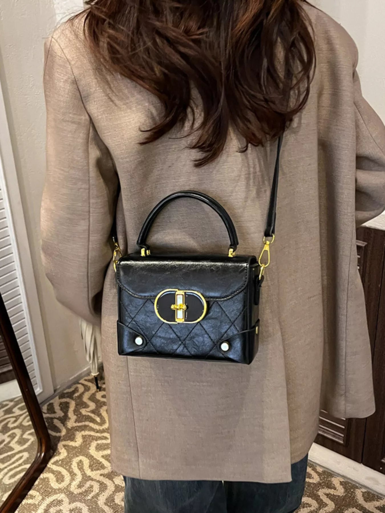 Quilted Pattern Top Handle Crossbody Bag