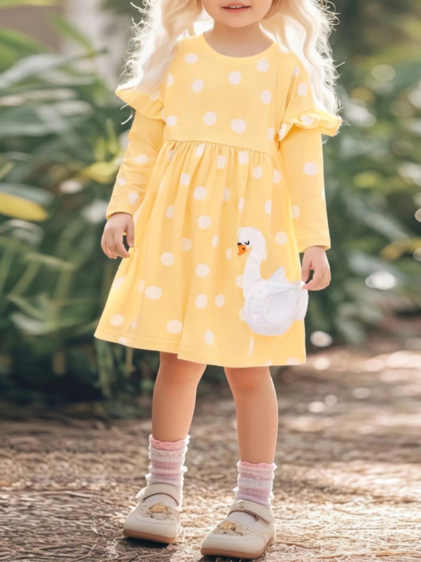 Children's Swan Applique Polka Dot Ruffle Sleeve Dress