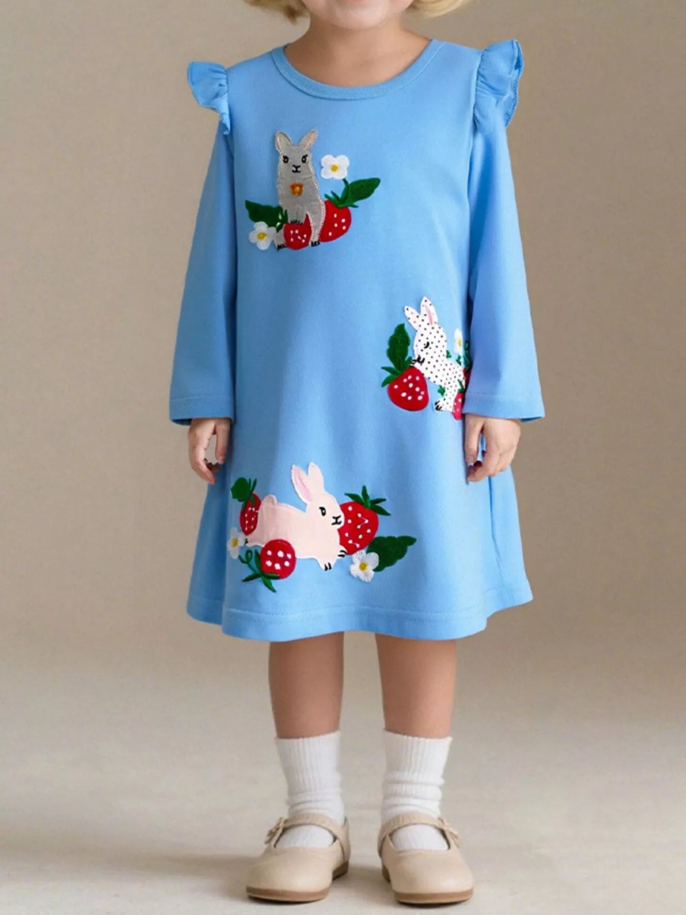 Children's Cute Rabbit & Strawberry Long Sleeve Dress