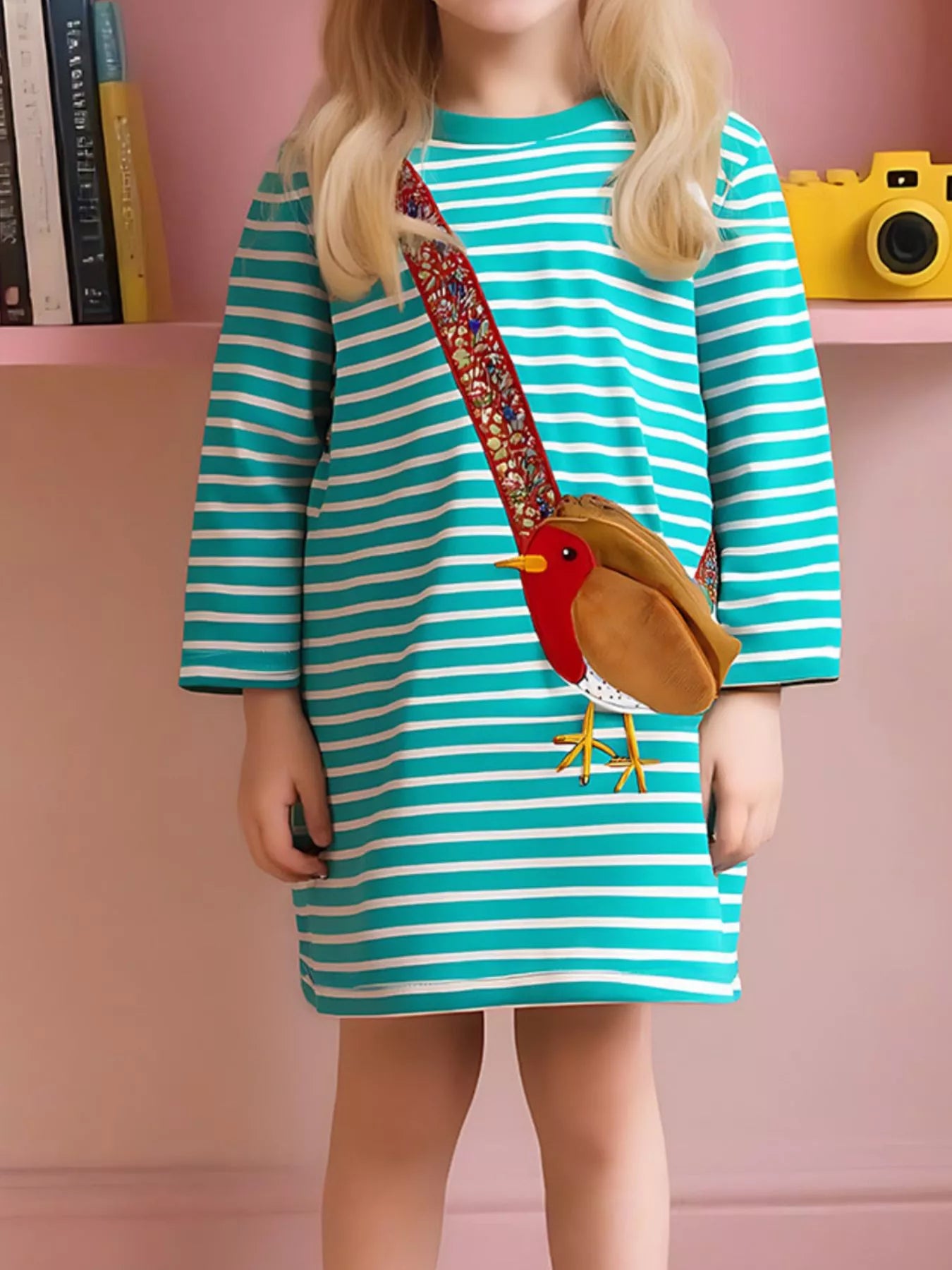 Children's Striped Bird Applique Long Sleeve Dress