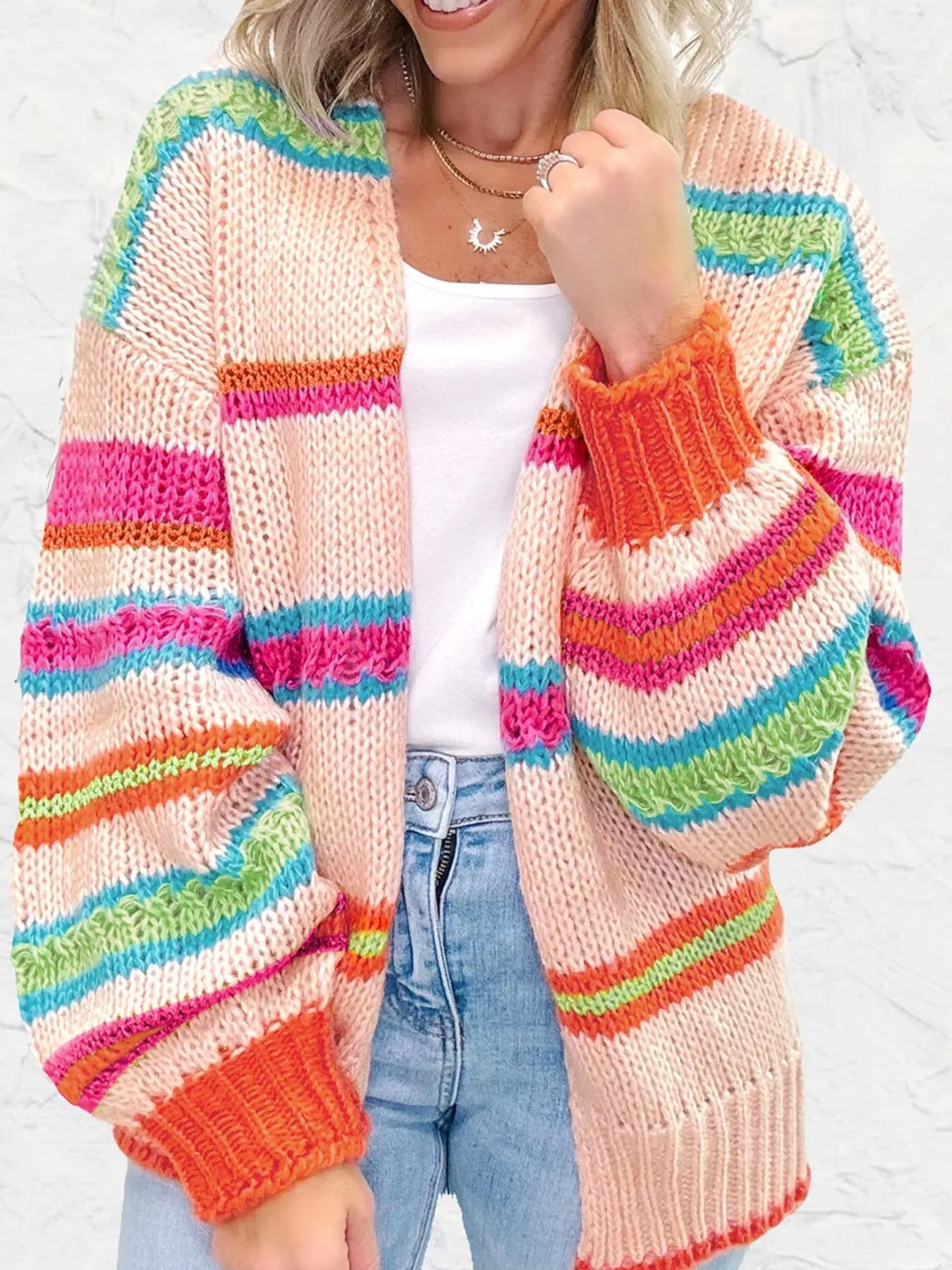Open Front Striped Pattern Knit Oversize Cardigan