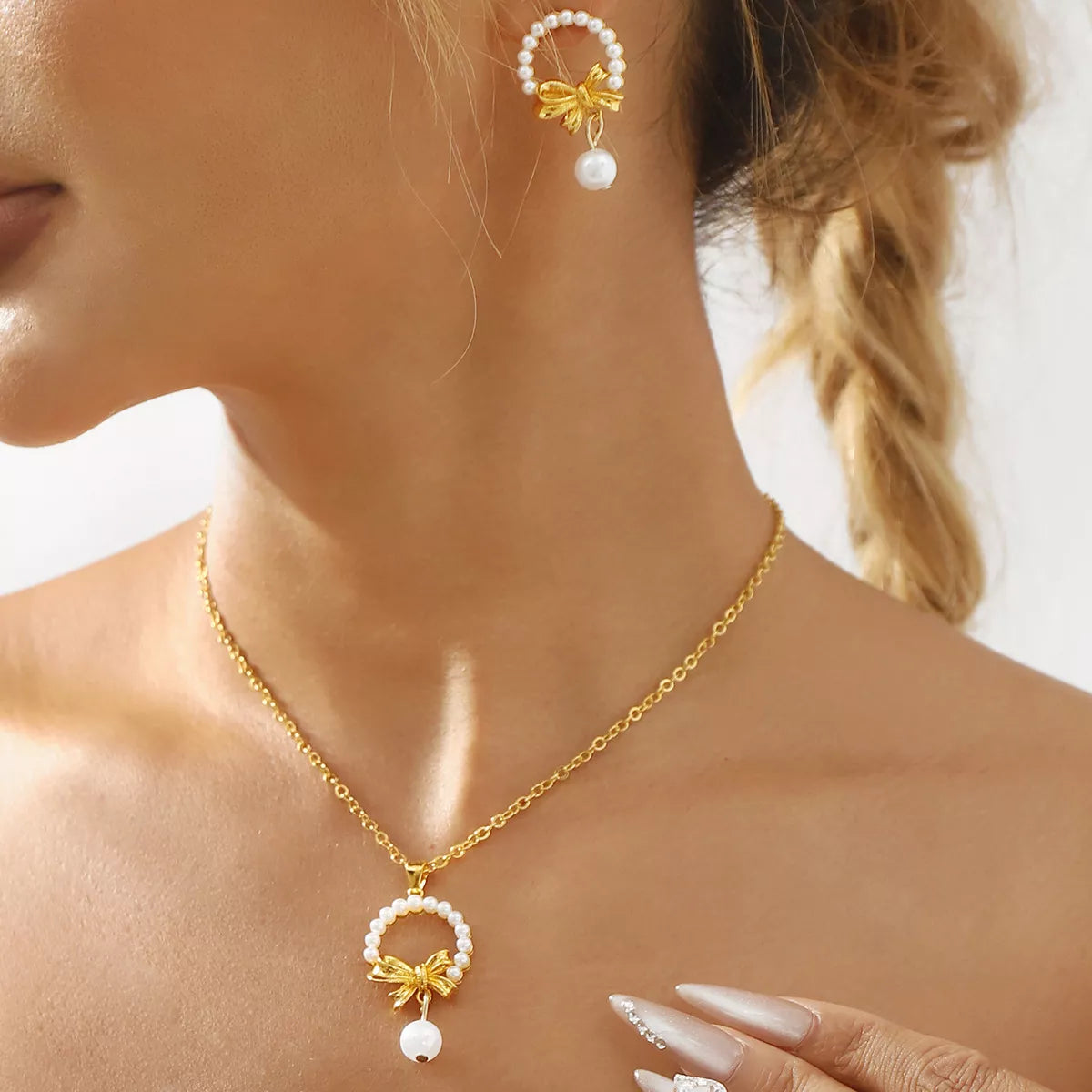 Bowknot Pearl Earrings and Pendant Necklace Jewelry Set