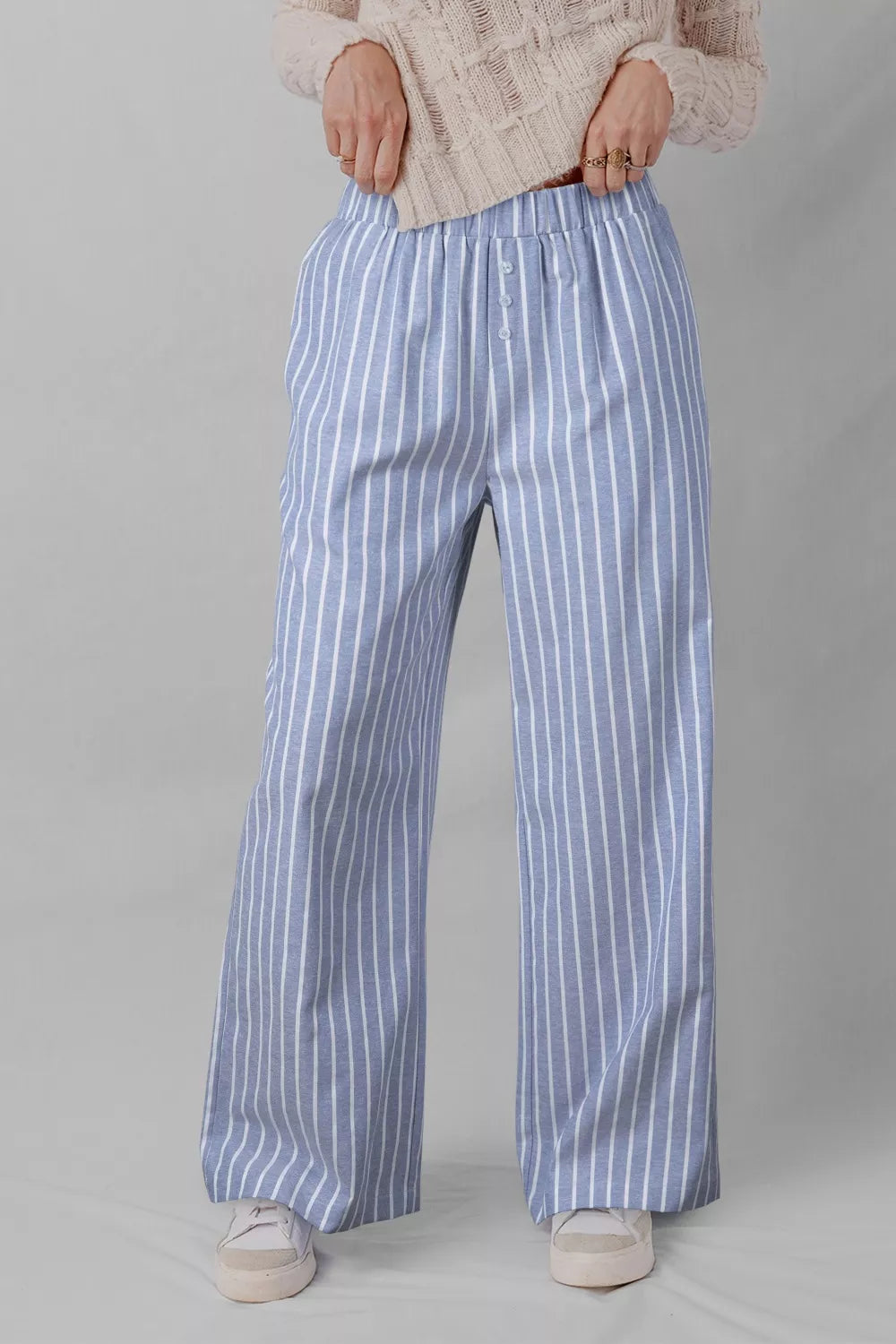 Stripe Buttoned Detail Loose Casual Pants
