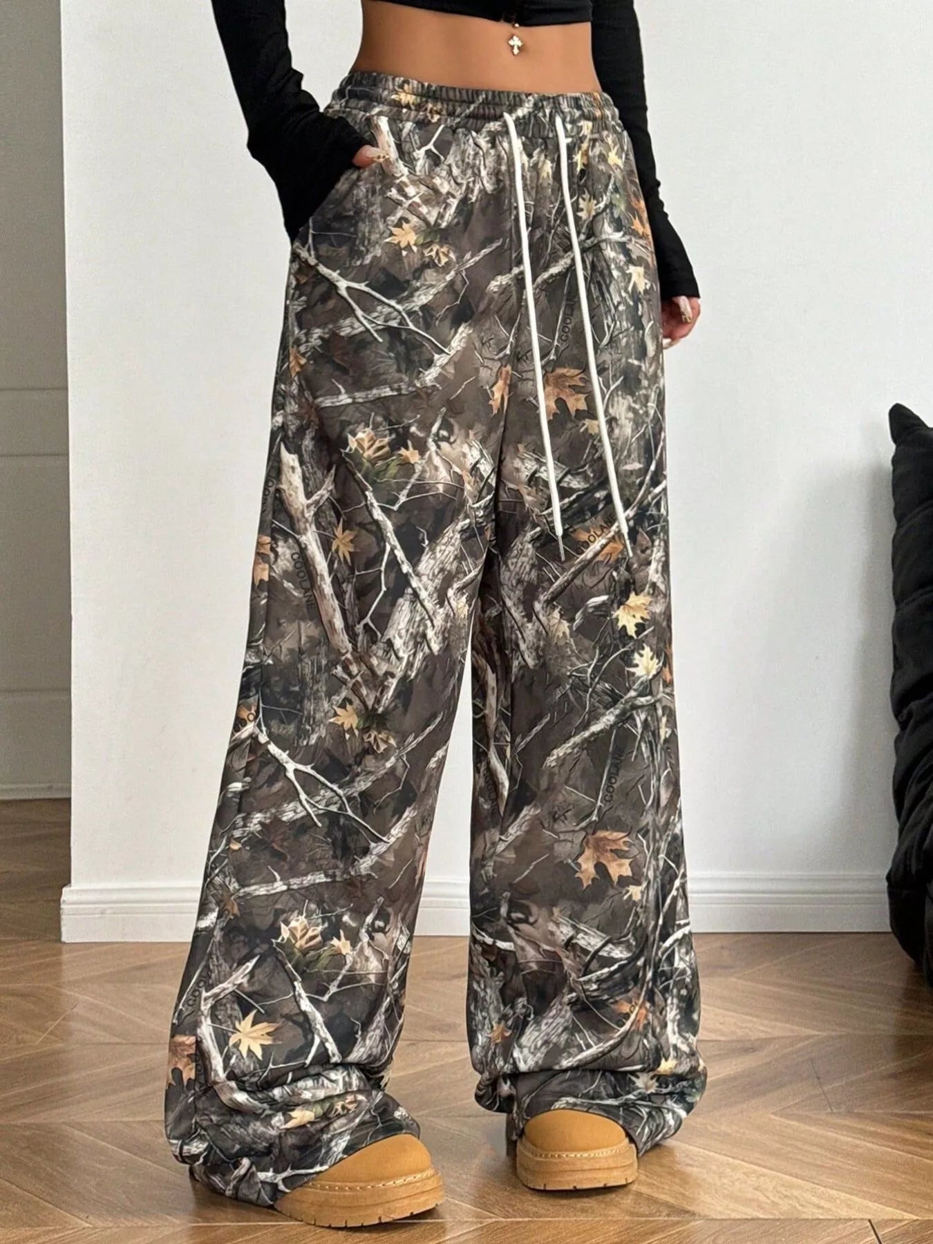 Drawstring Printed Wide Leg Pants