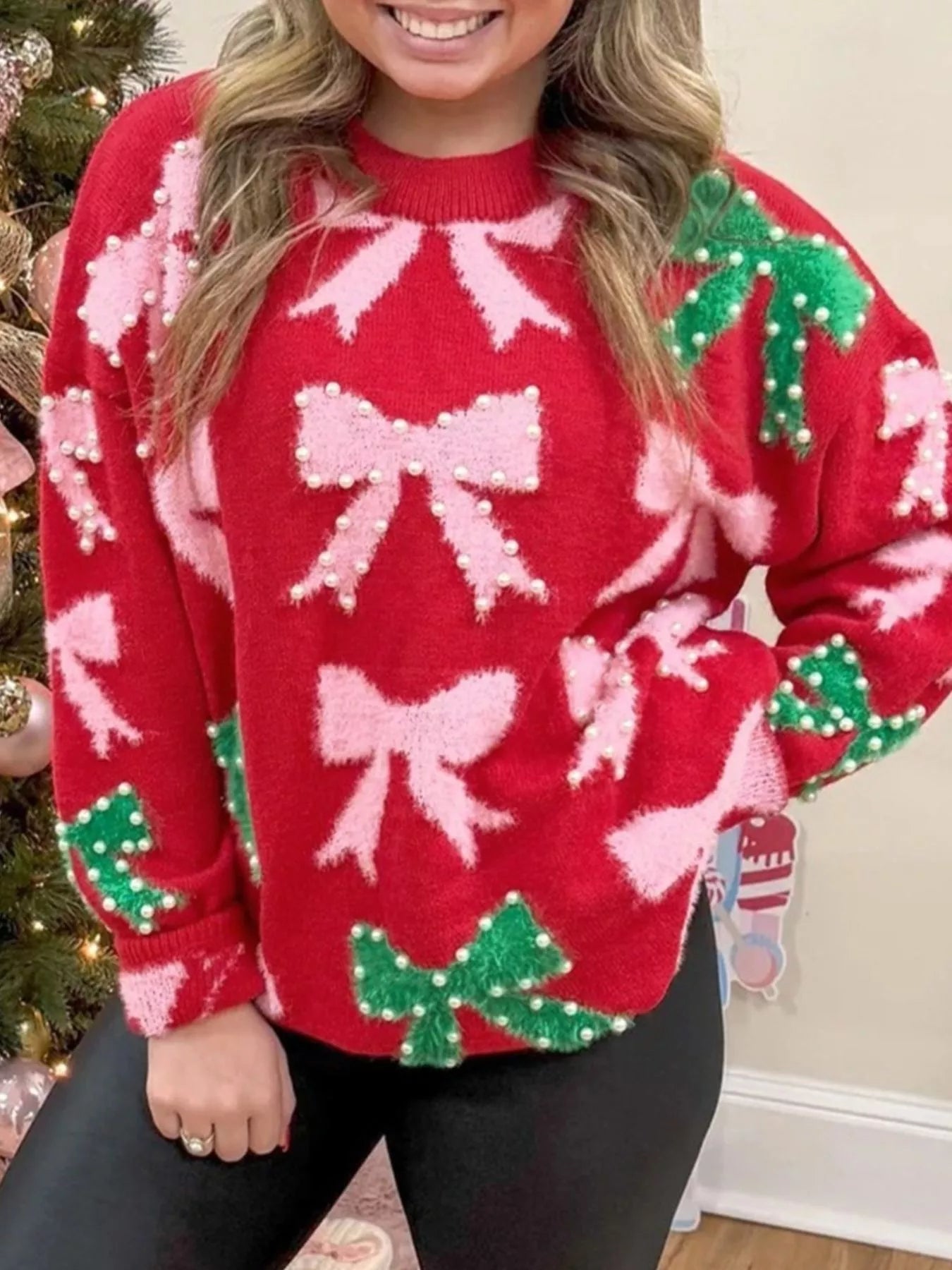 Bow Pearl Embellished Christmas Holiday Sweater
