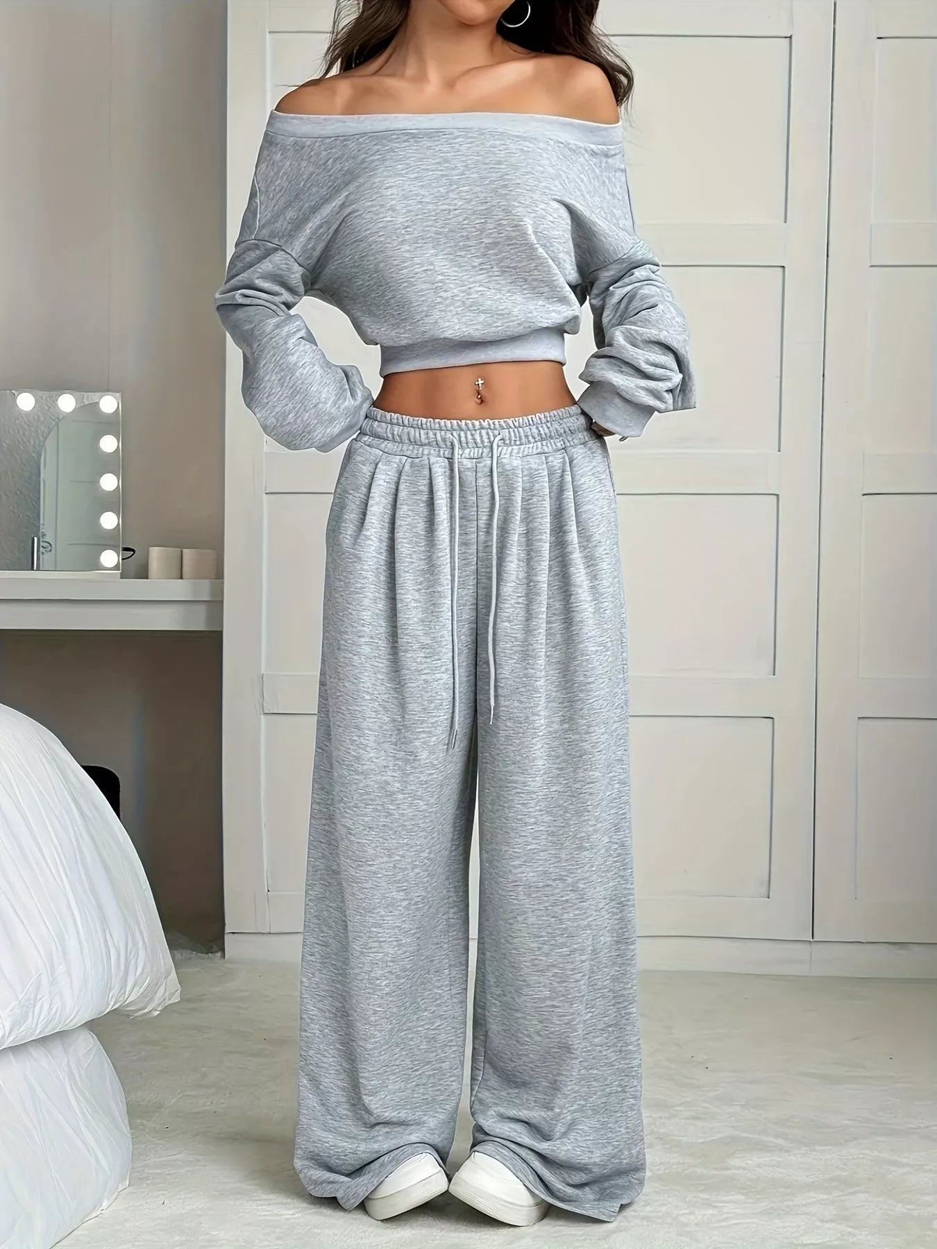Full Size Boat Neck Crop Top &amp; Wide Leg Pants Set Plus Size