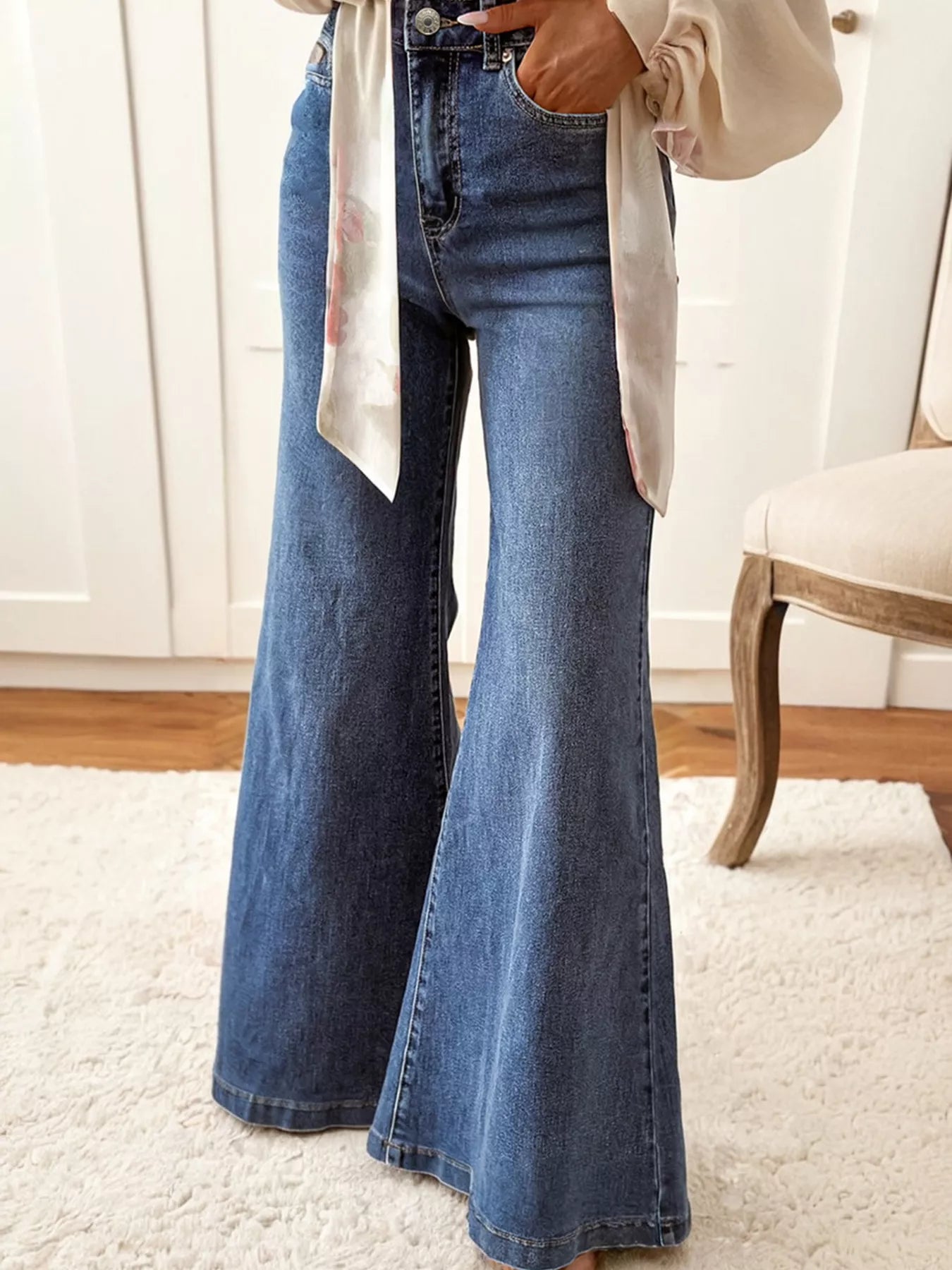 High Waist Button Zip Flare Leg Jeans