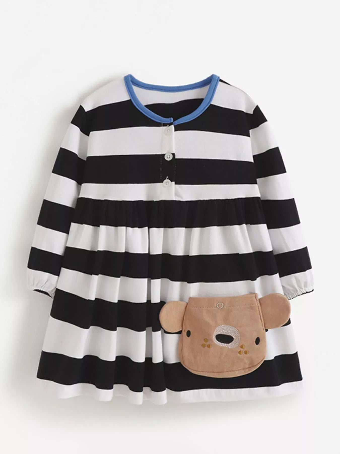Children's Striped Long Sleeve Bear Applique Dress
