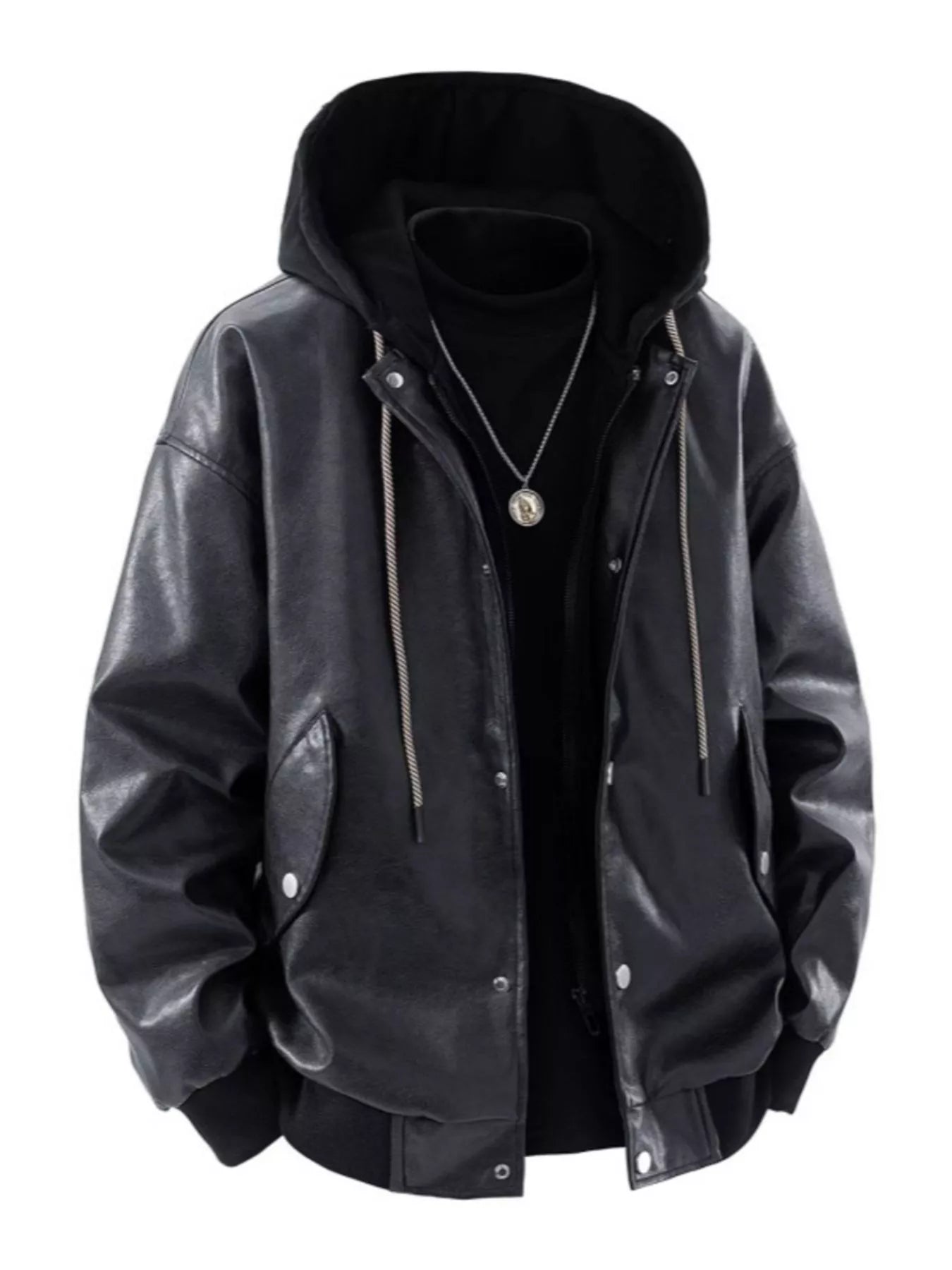Men's Plus Size Hooded Faux Leather Moto Jacket