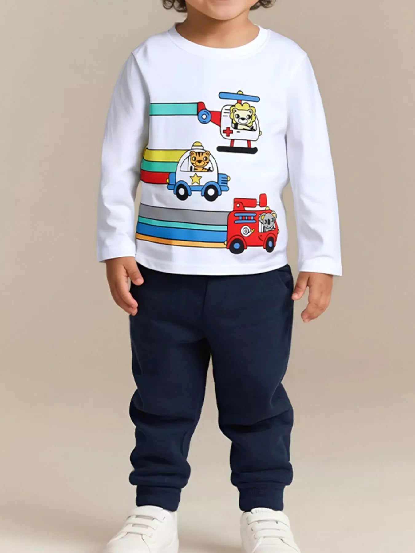Children's Cartoon Vehicle Print Long Sleeve T-Shirt