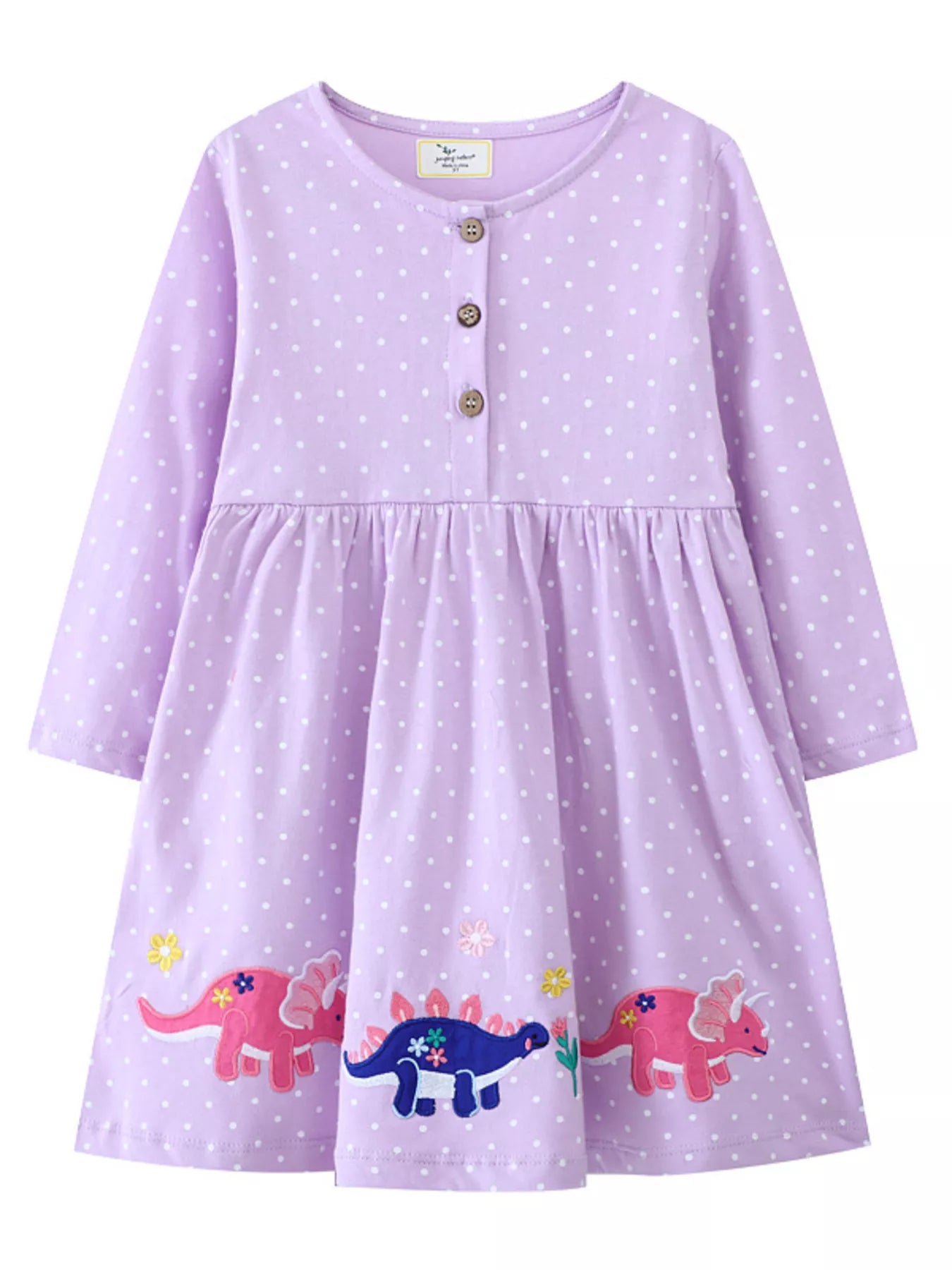Children's Dinosaur Embroidered Polka Dot Dress