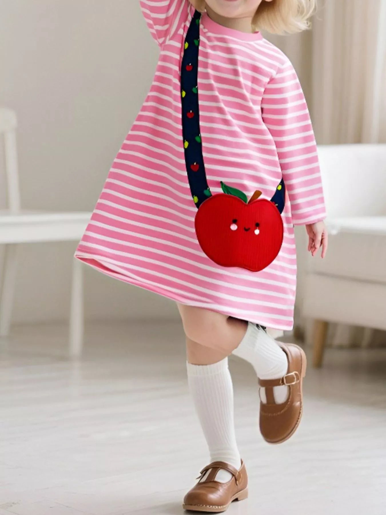 Children's Apple Applique Striped Long Sleeve Dress