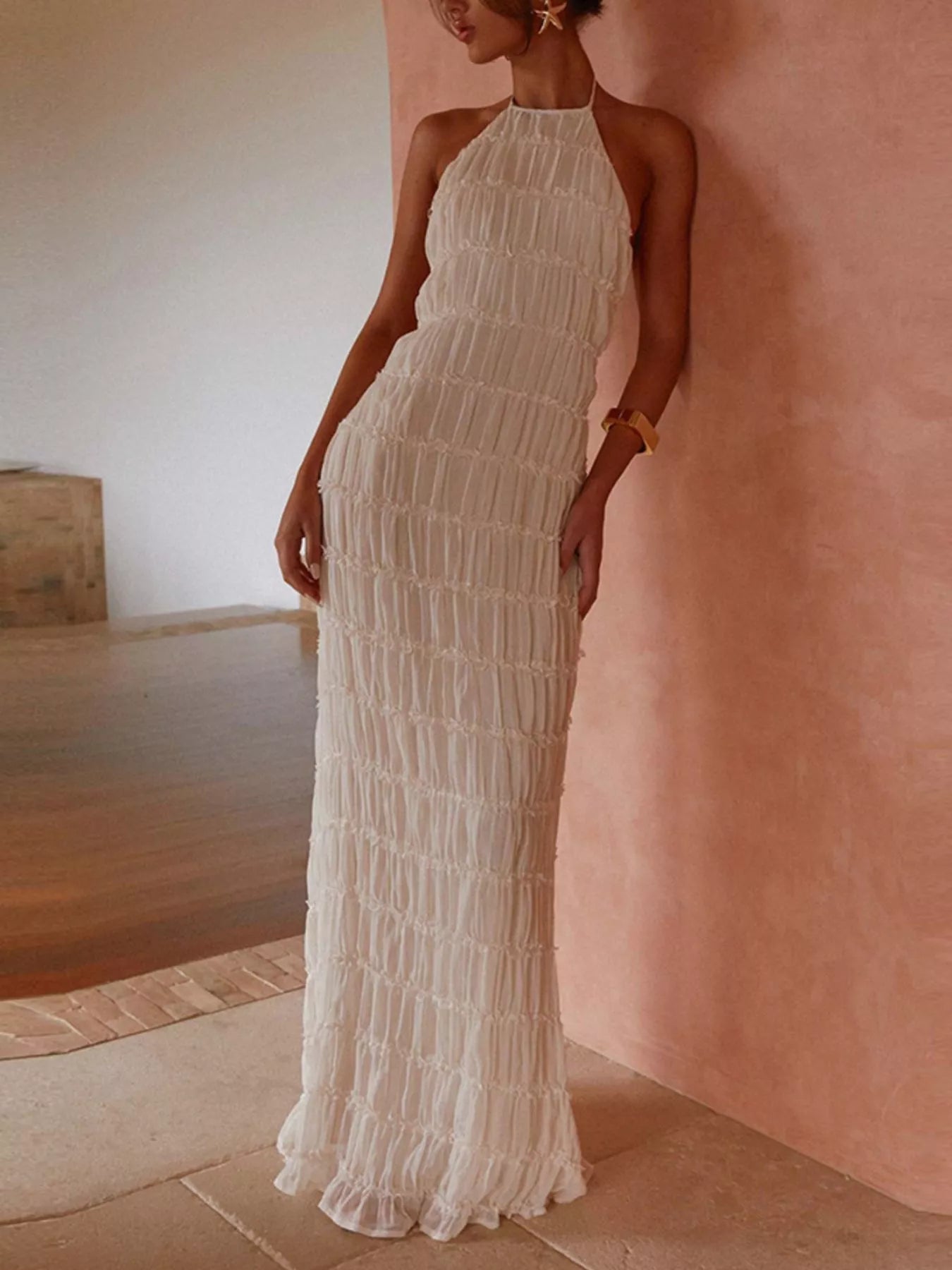 Ruched Halter Neck Maxi Dress