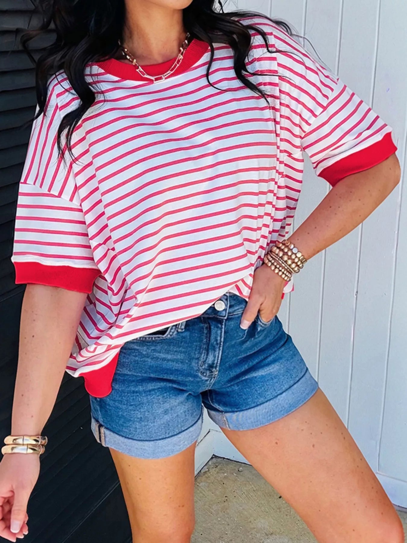 Stripe Drop Shoulder Half Sleeve T Shirt