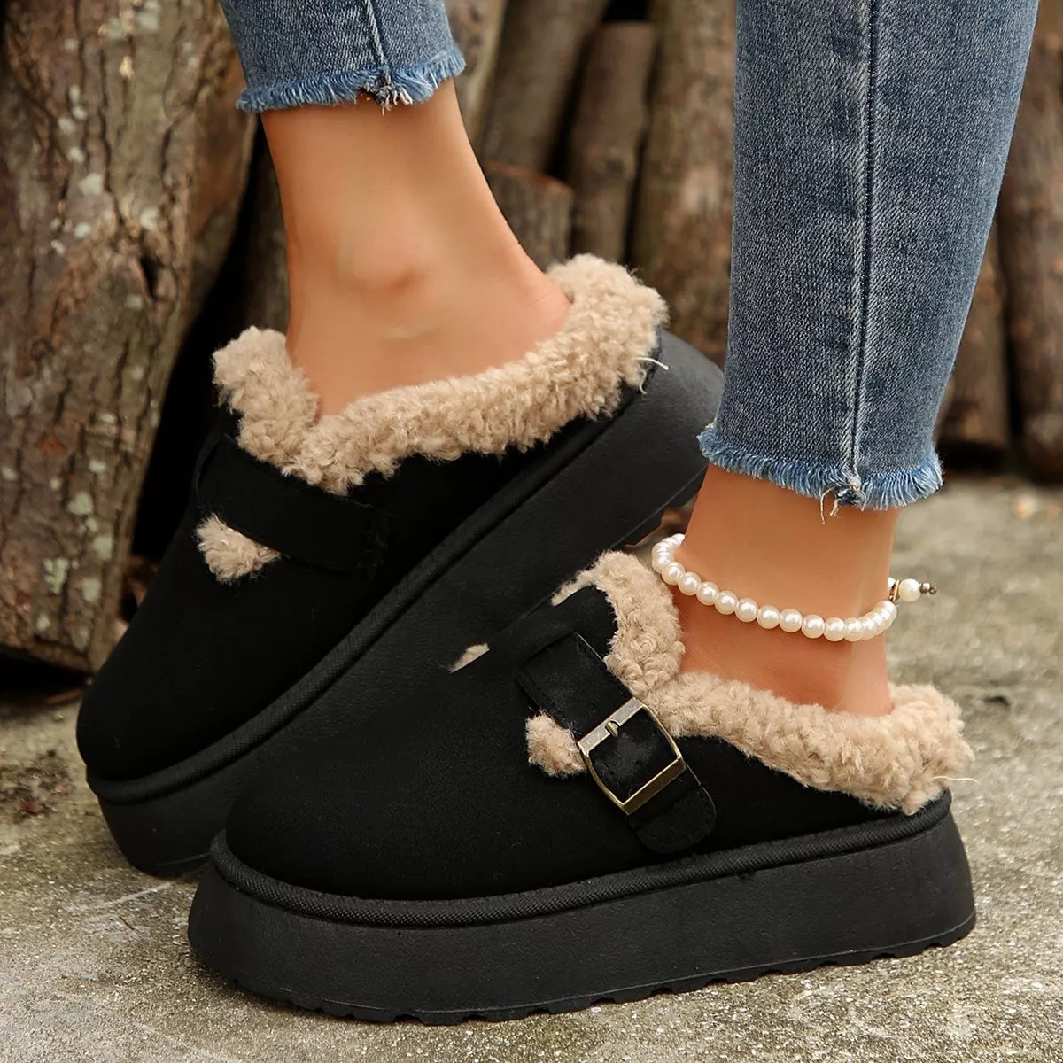 Fuzzy Trim Buckle Platform Slippers
