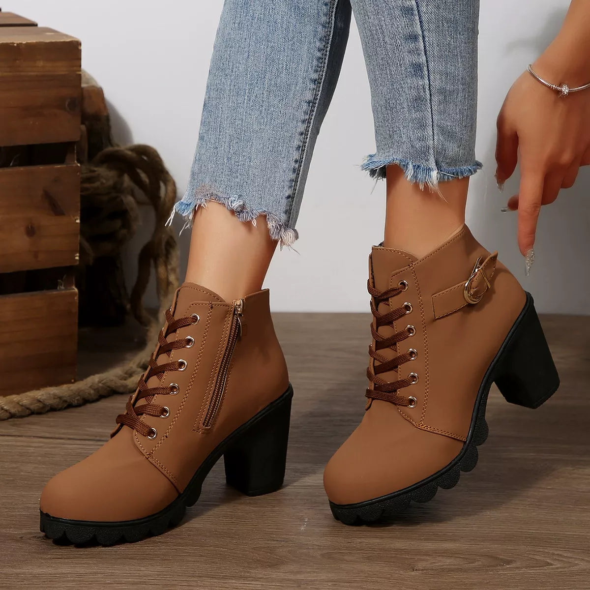 Lace Up Block Heels Boots