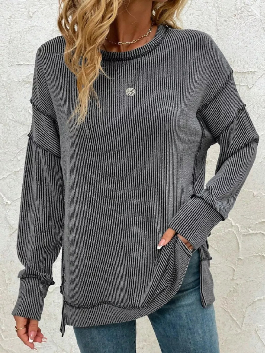 Side Slit Round Neck Sweatshirt