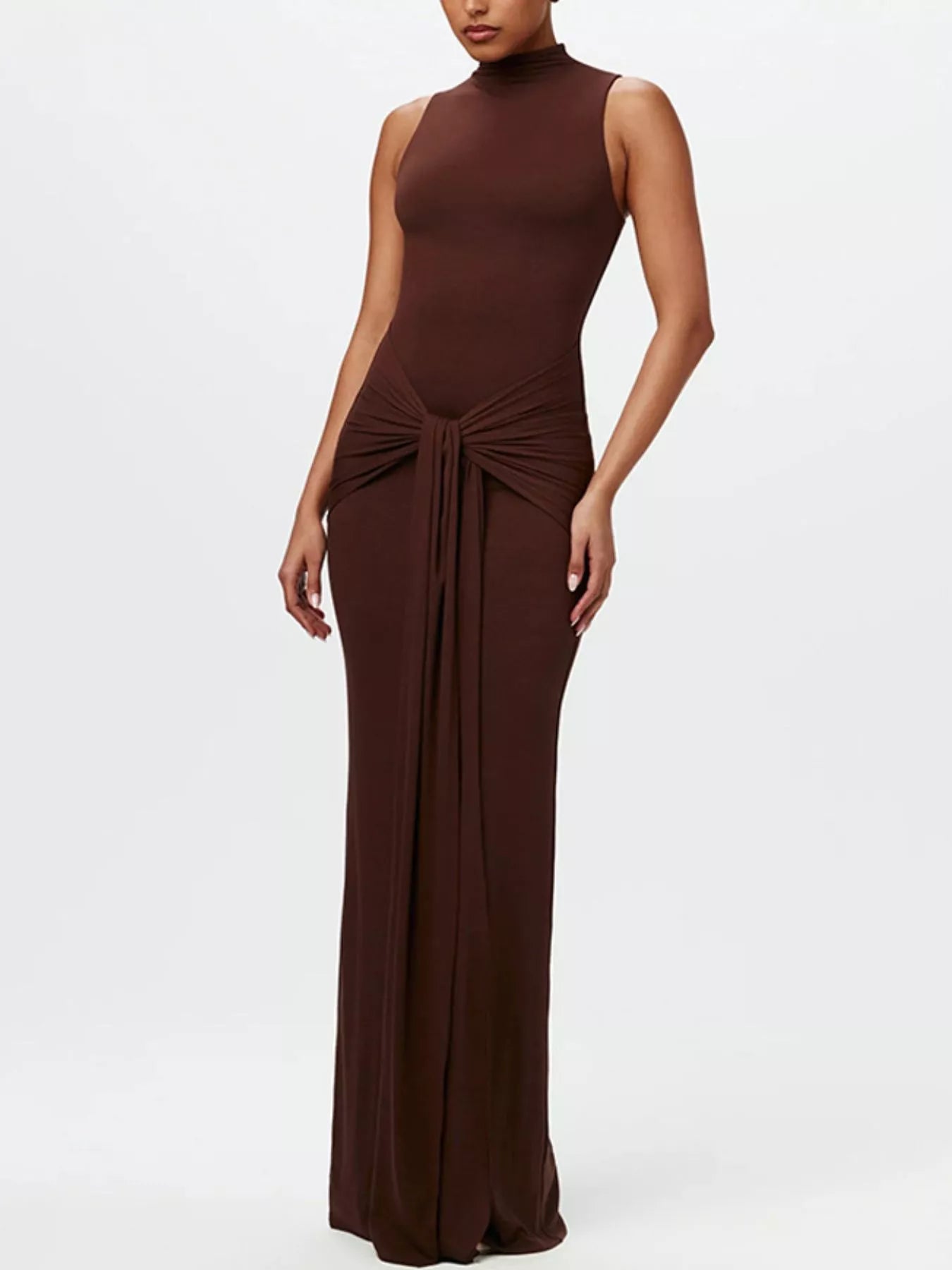 Sleeveless Mock Neck Knot Front Maxi Dress