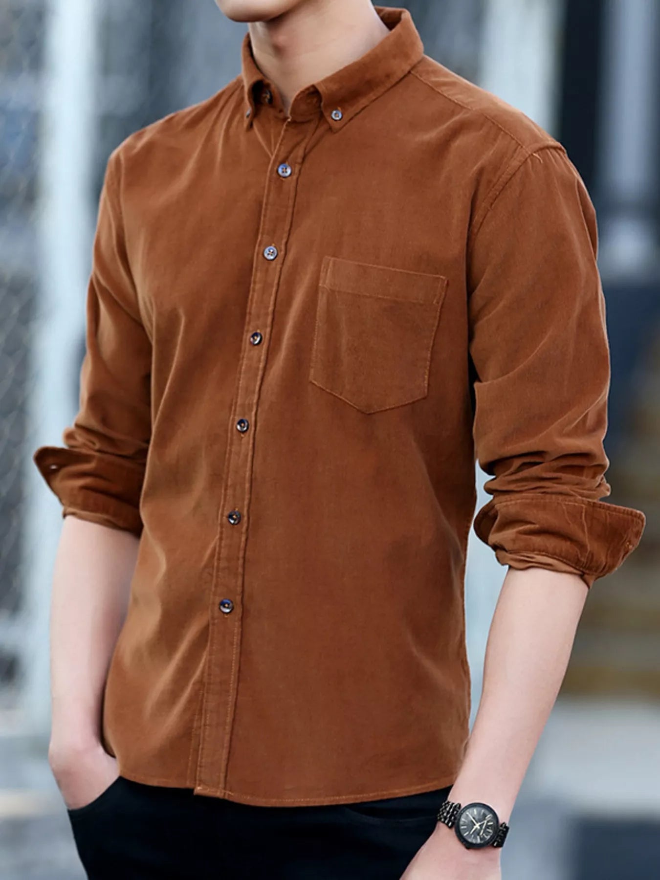 Men's Full Size Casual Corduroy Long Sleeve Shirt Plus Size