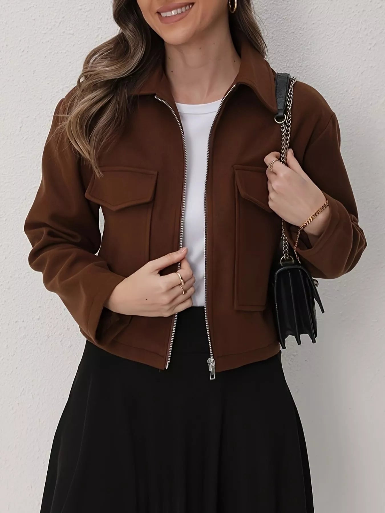 Cropped Zip-Up Pocketed Jacket