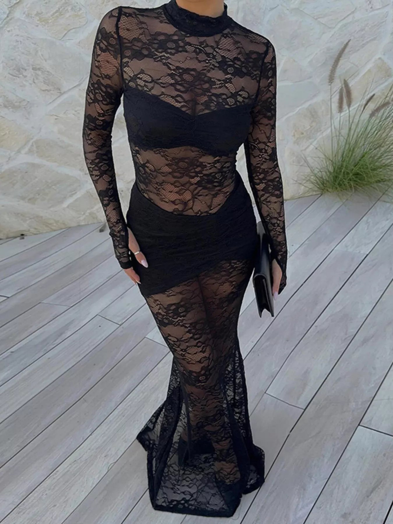 Lace Sheer Mock Neck Long Sleeve Maxi Dress
