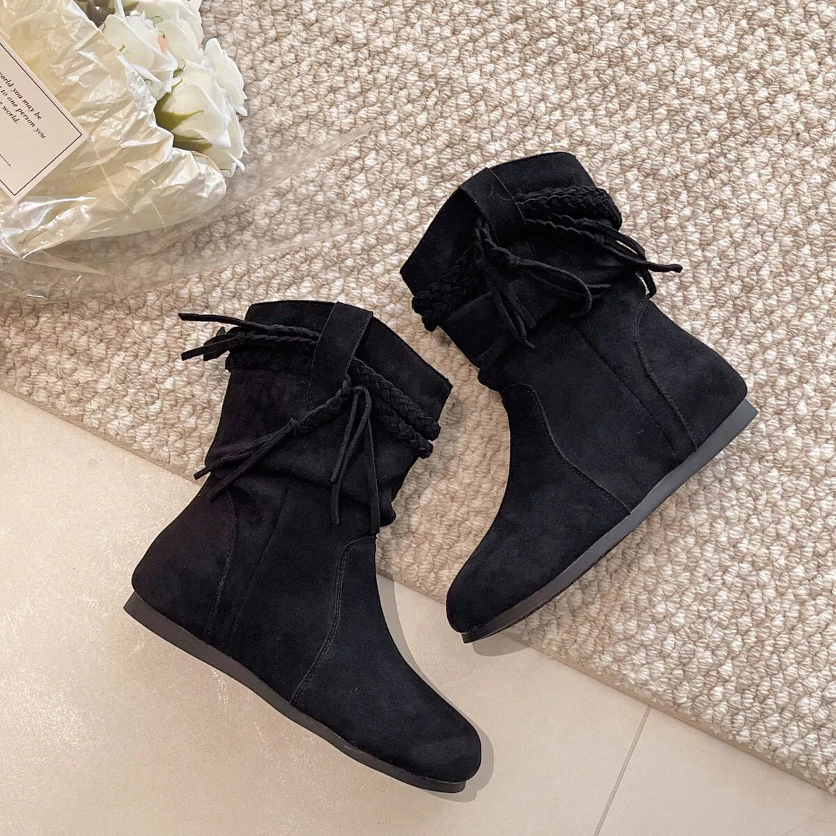 Suede Fringe Round Toe Boots