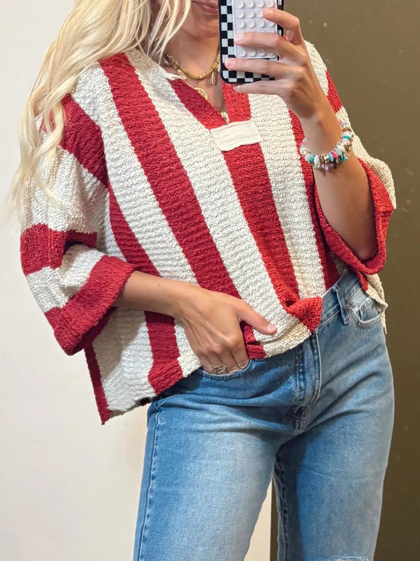 Striped Notched 3/4 Sleeve Sweater