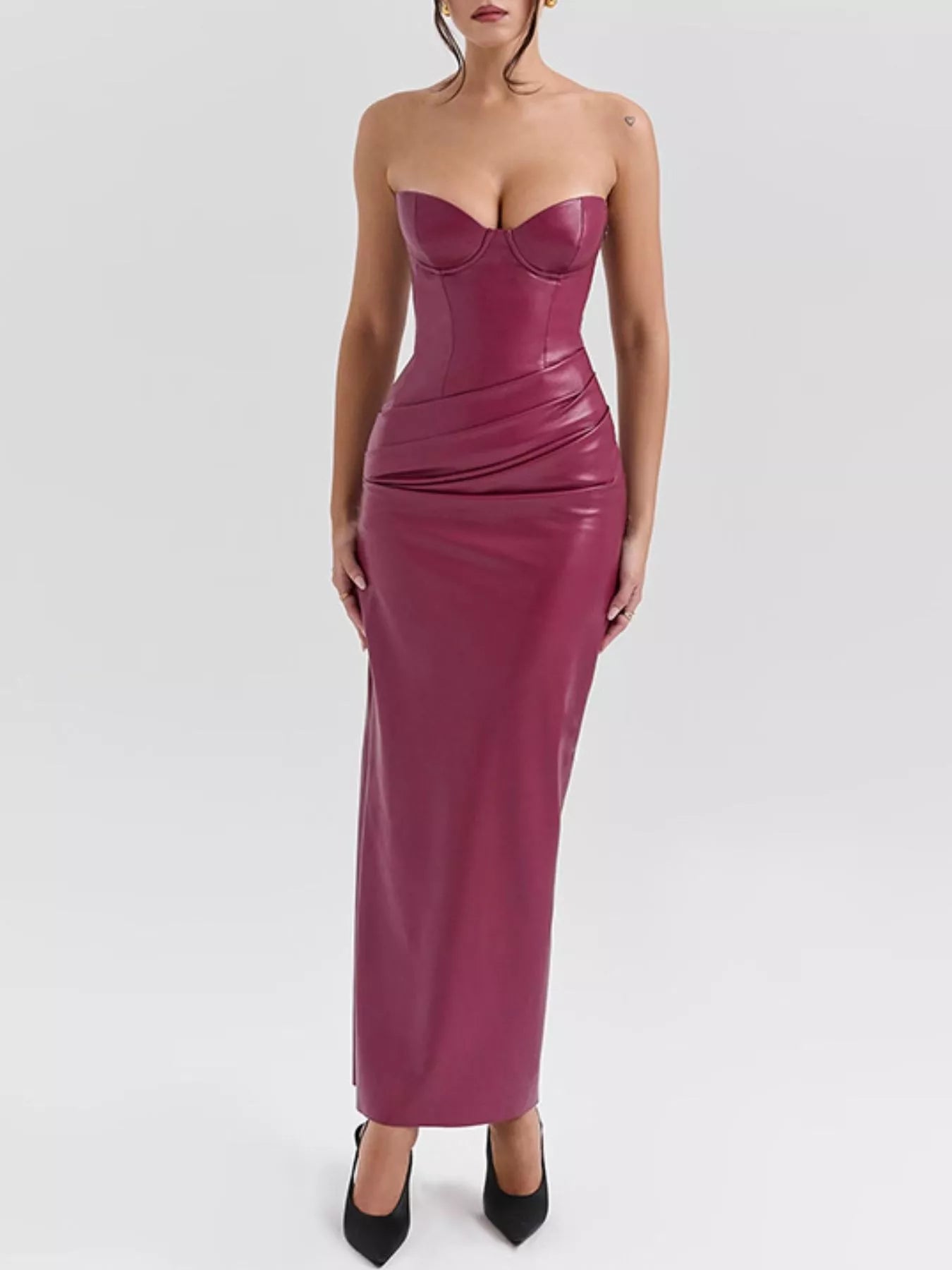 Sleeveless Faux Leather Bodycon Maxi Dress with Back Lace Up