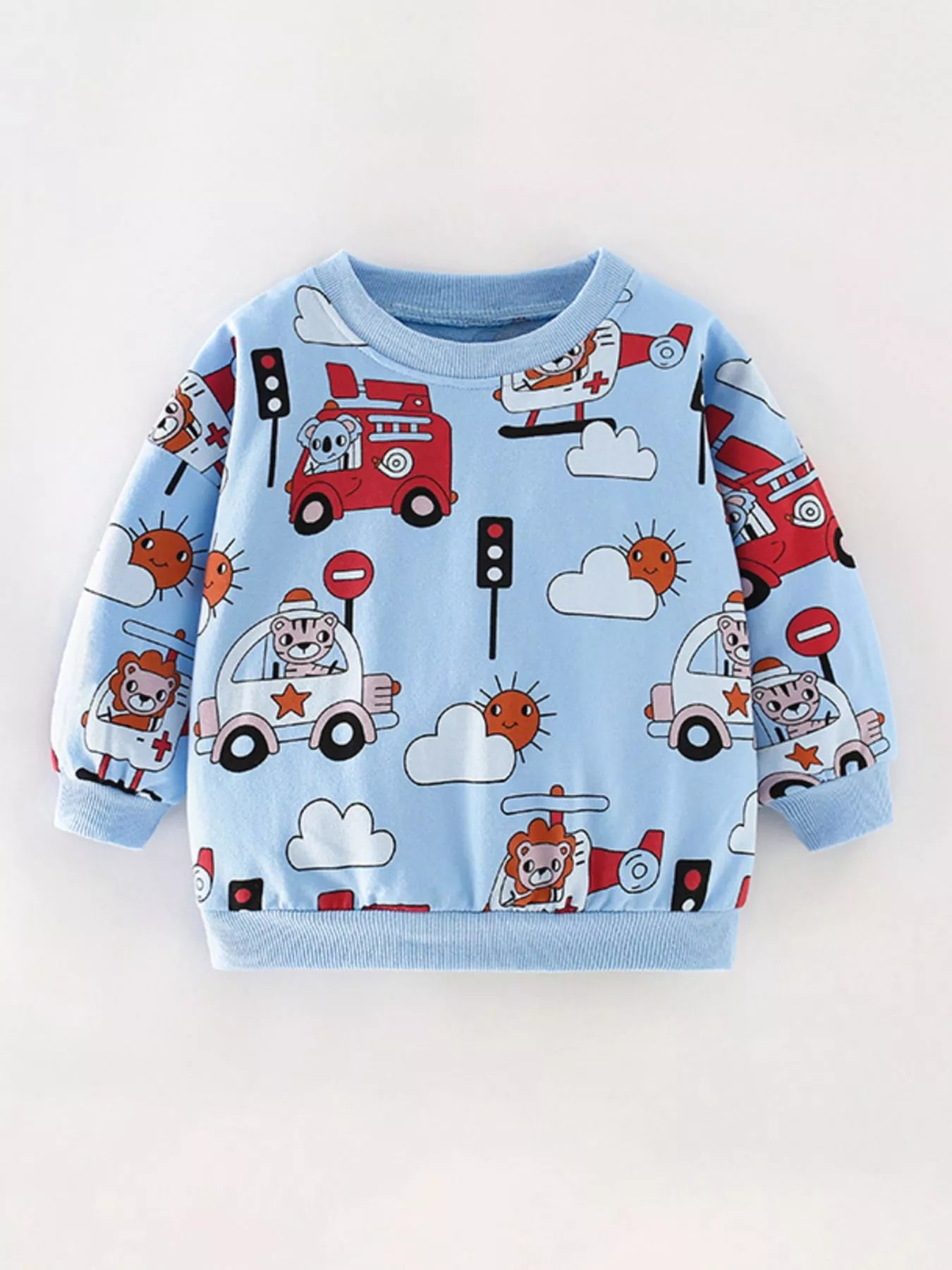 Children's Cartoon Vehicle Print Crew Neck Sweatshirt