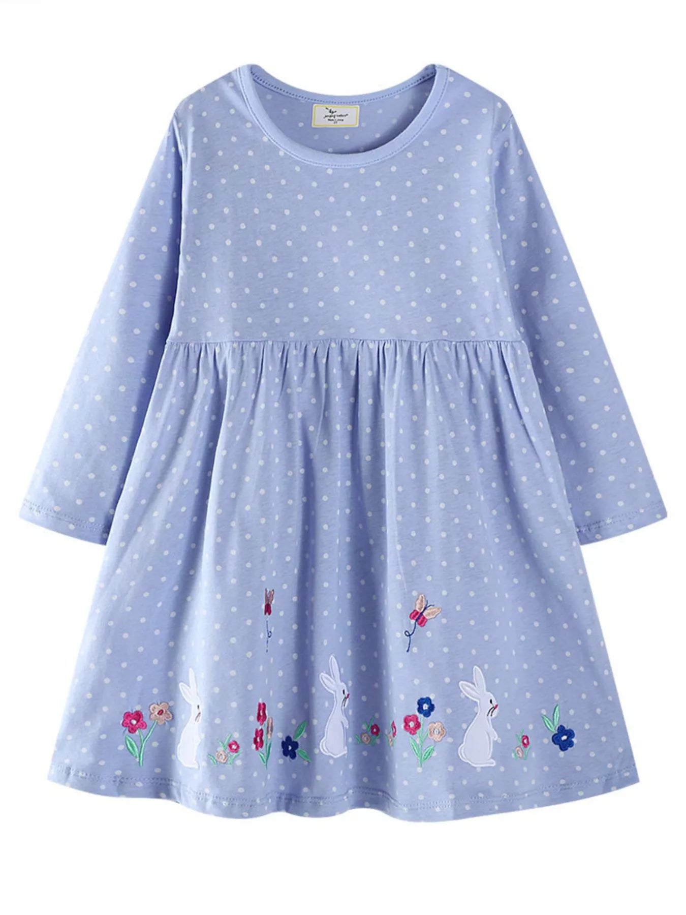Children's Cute Bunny Embroidered Polka Dot Dress