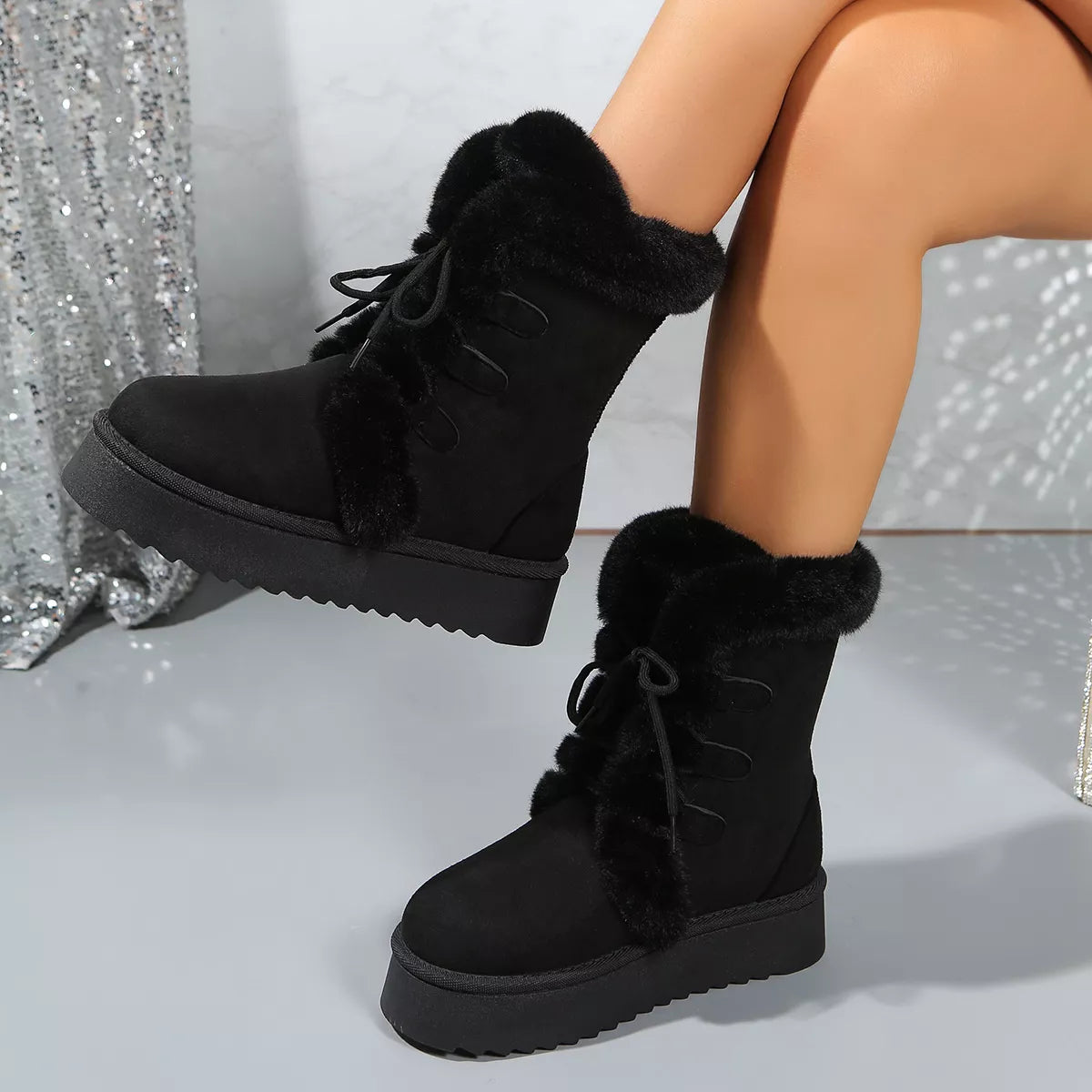 Fuzzy Trim Lace-Up Platform Boots