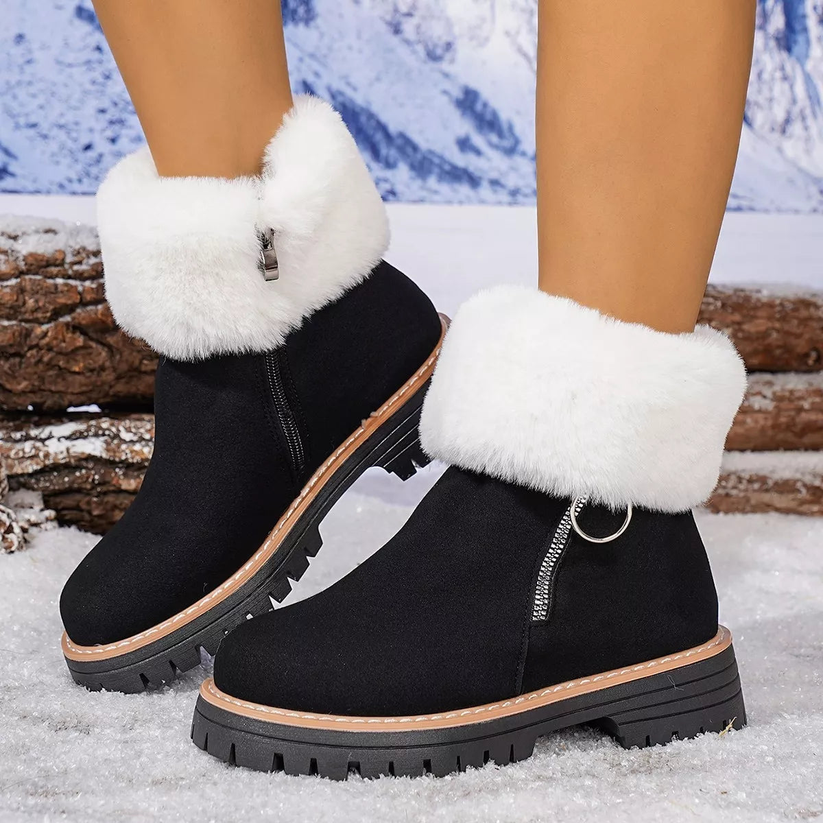 Fuzzy Ankle Boots with Zipper Detail