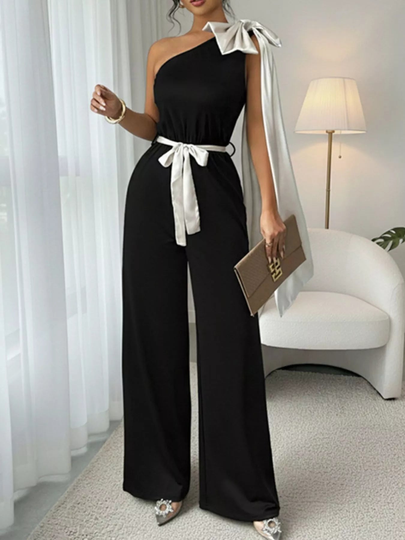 One-Shoulder Bowknot Wide Leg Jumpsuit