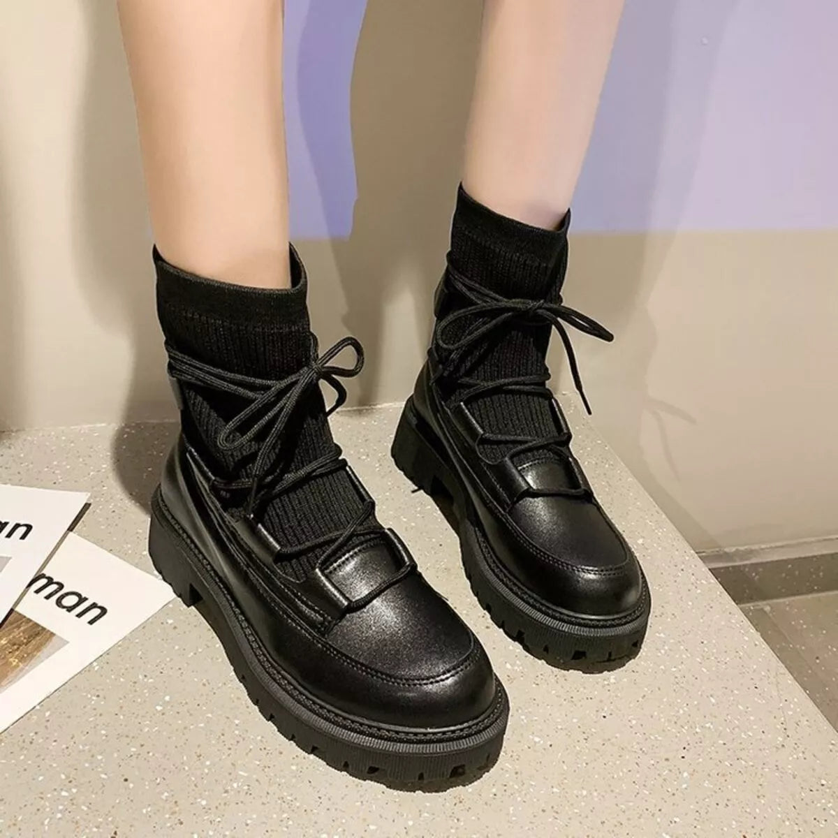 Lace-Up Knit Boots