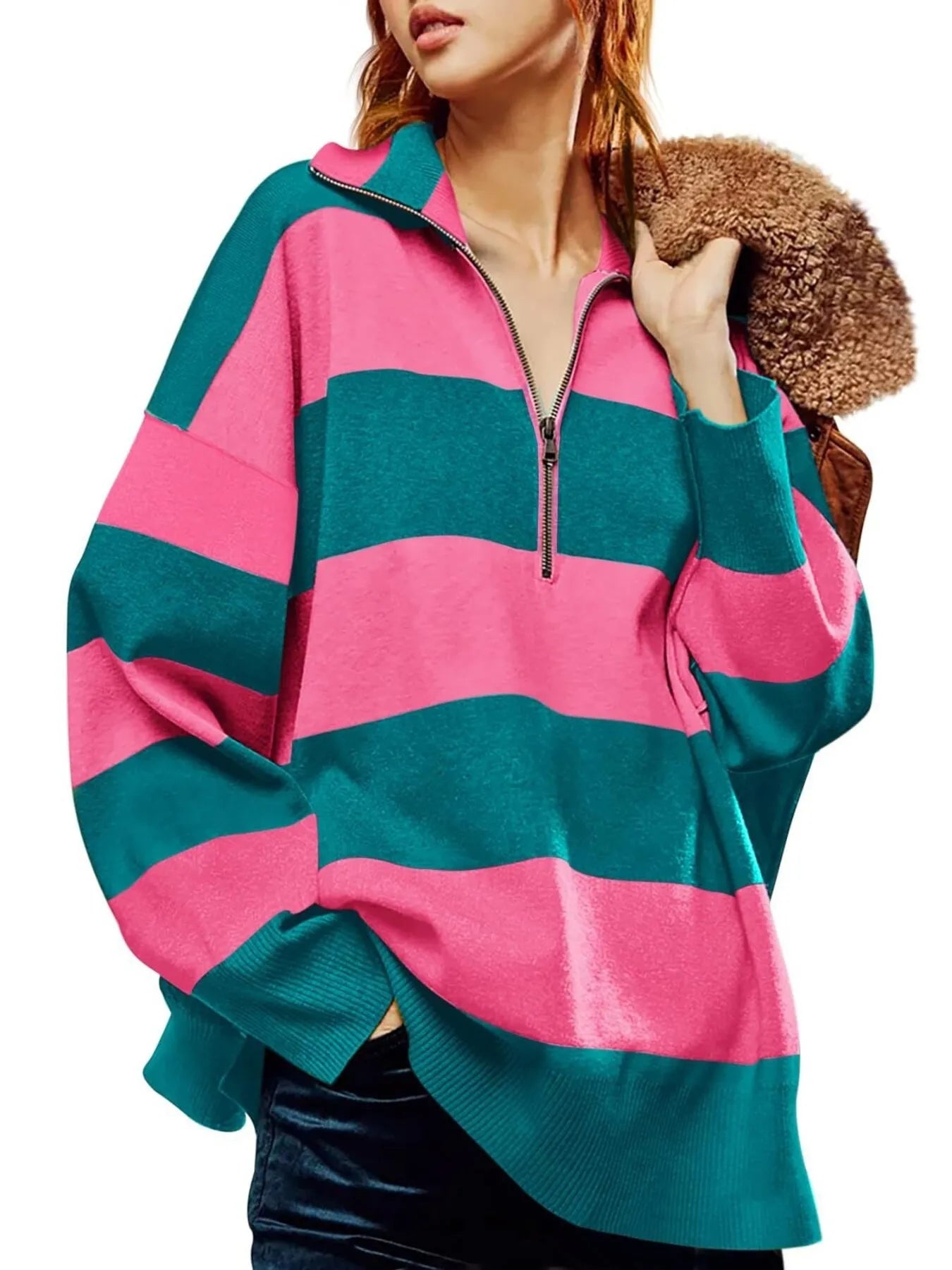 Striped Half-Zip Oversized Sweatshirt