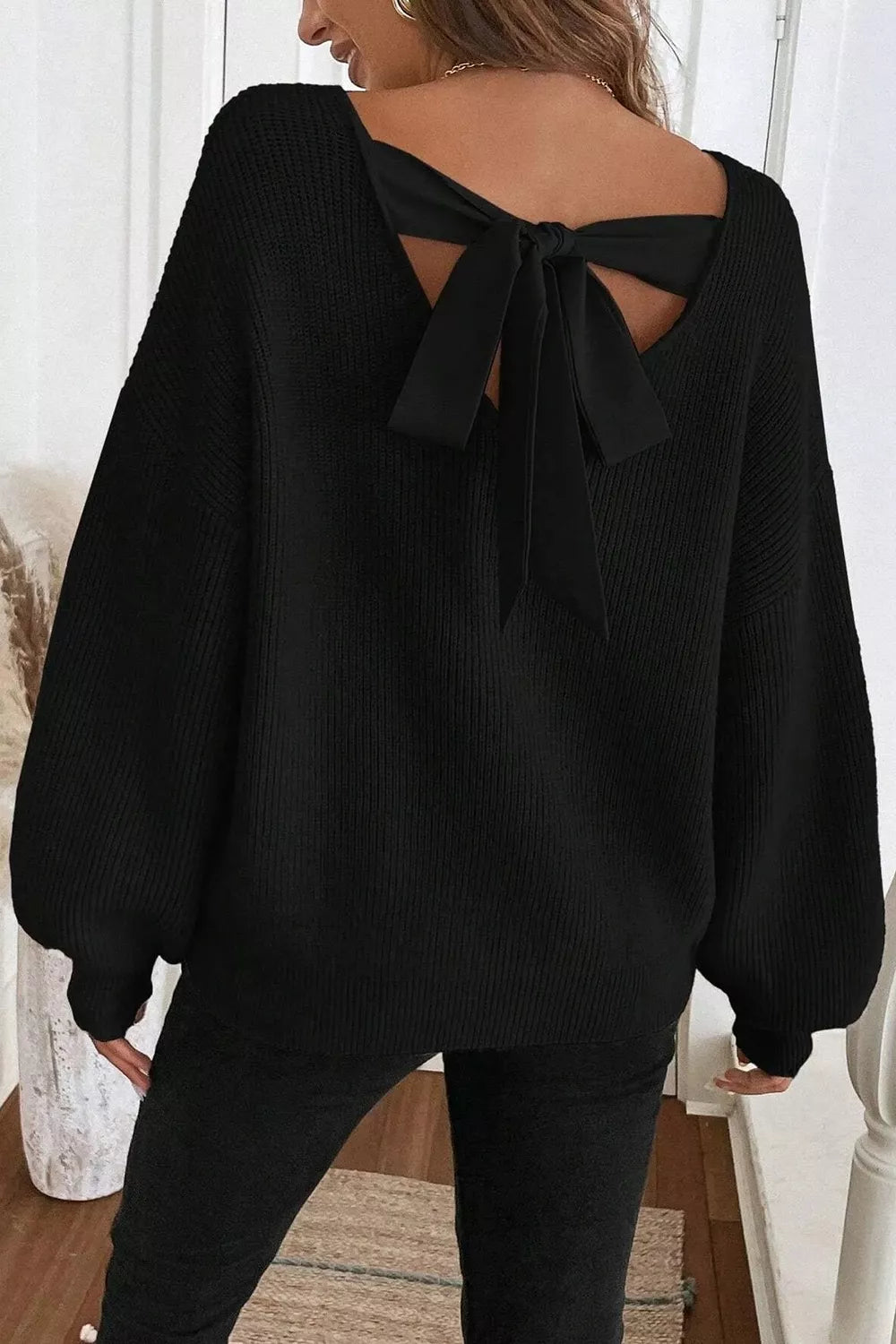 Ribbed Knit Ribbon Knot Backless Drop Shoulder Sweater