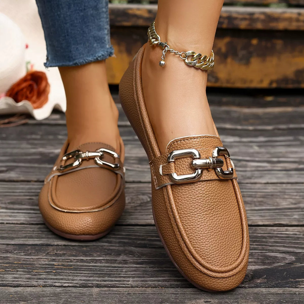 Buckle Decor Round Toe Slip-Ons